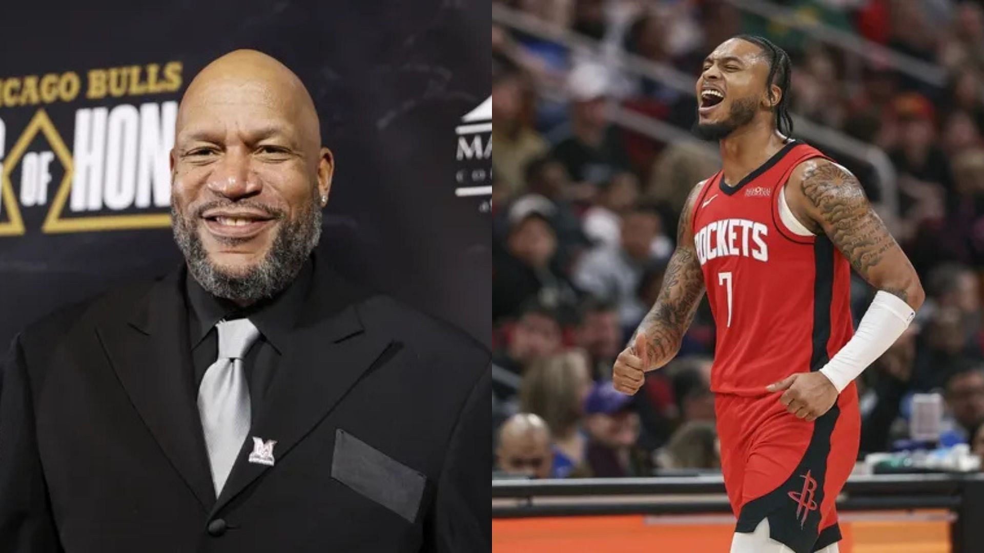 Former Chicago Bulls guard Ron Harper, Houston Rockets second-year forward Cam Whitmore. Photo Credits: Imagn