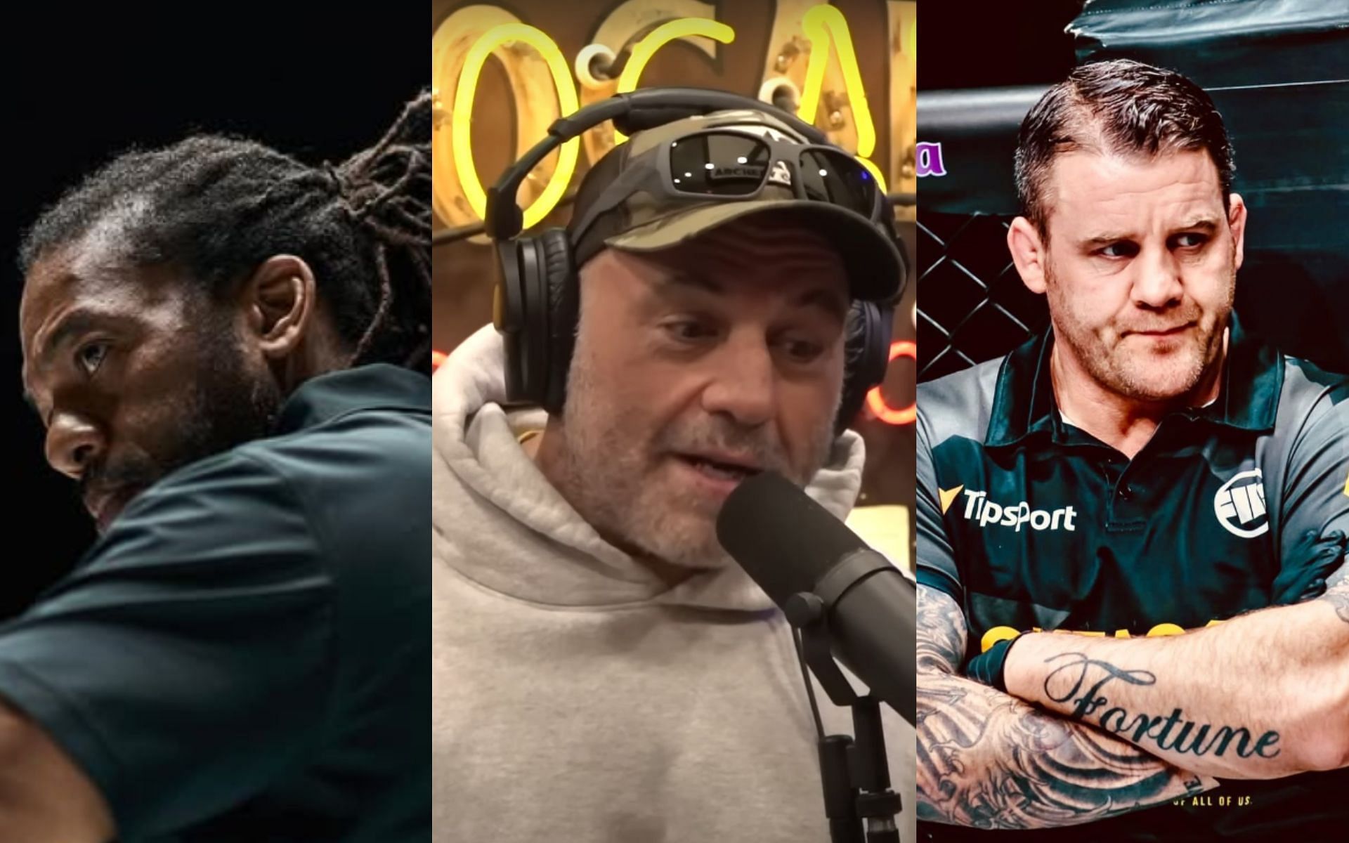 Joe Rogan (middle) talks about MMA referees Herb Dean (left) and Marc Goddard (right). [Image credit: JRE on YouTube, @marcgoddard_uk, @herbdeanmma on Instagram]