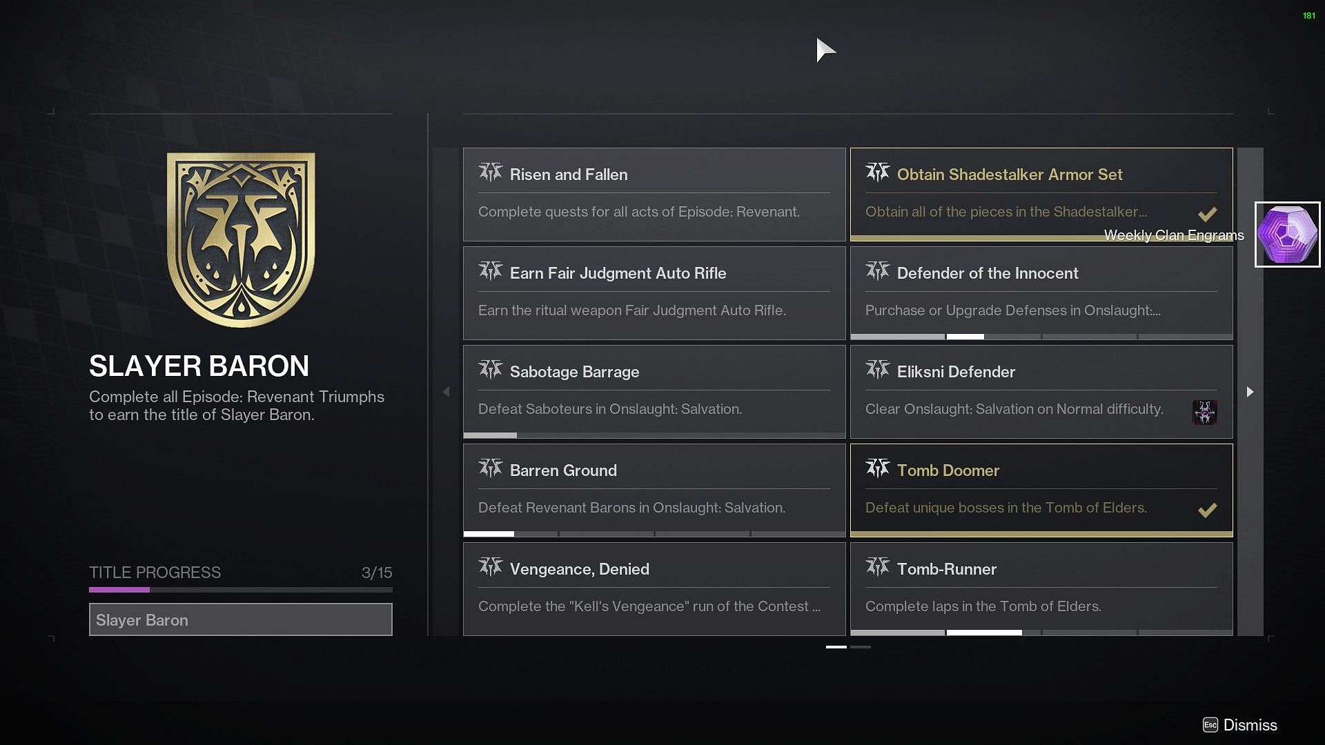 Slayer Baron seal in Destiny 2 (Image via Bungie)