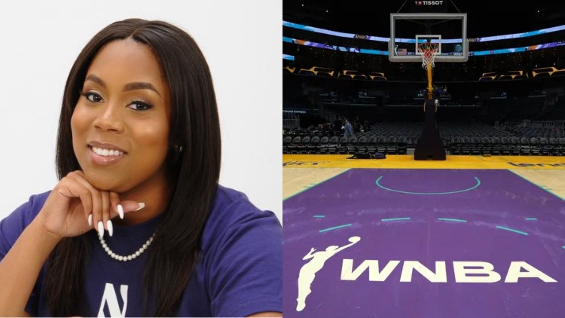 WNBA brand manager Subria Whitaker, WNBA logo from a court in Los Angeles. Photo Credits: Subria Whitaker&#039;s X account, Imagn