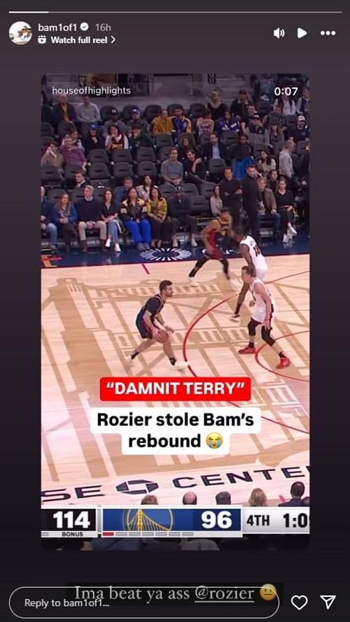 Adebayo reacted to Rozier stealing his rebound