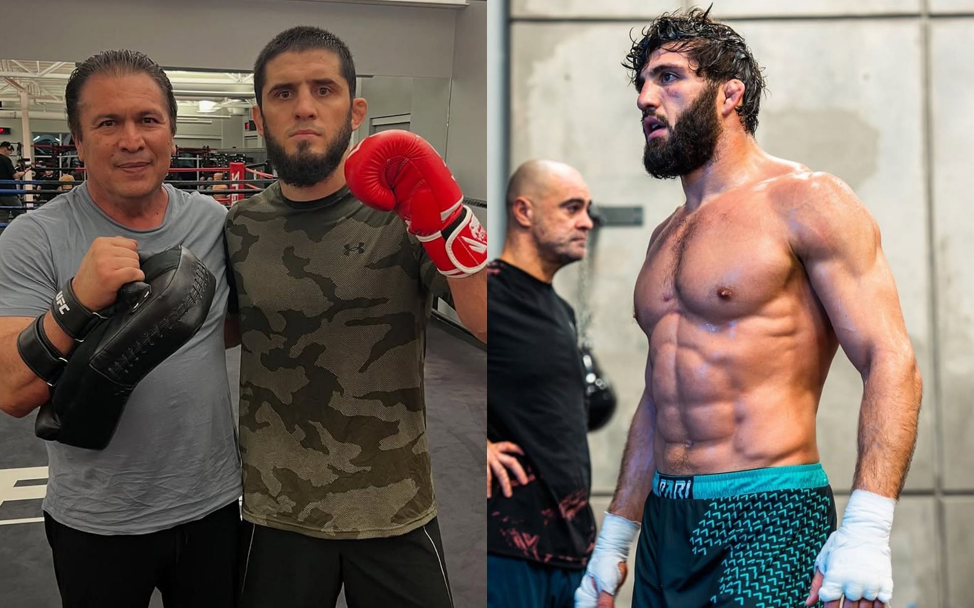 Javier Mendez (far left) delivers inspirational speech to Islam Makhachev (middle left) ahead of Arman Tsarukyan (right) rematch. [Image courtesy: @akajav and @arm_011 on Instagram]