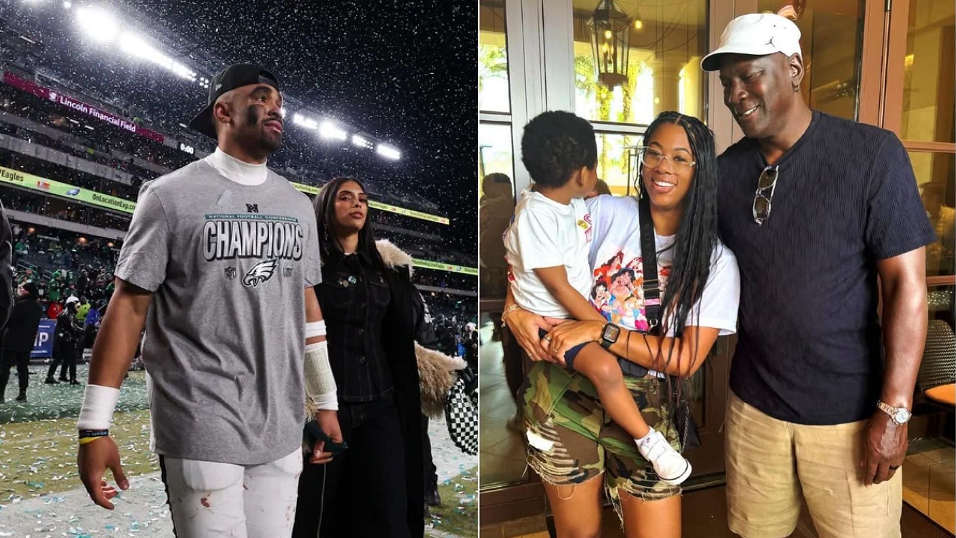 Philadelphia Eagles quarterback Jalen Hurts, Jasmine Jordan and her father Michael Jordan pose for a photo. Photo Credit: Imagn, Jasmine Jordan