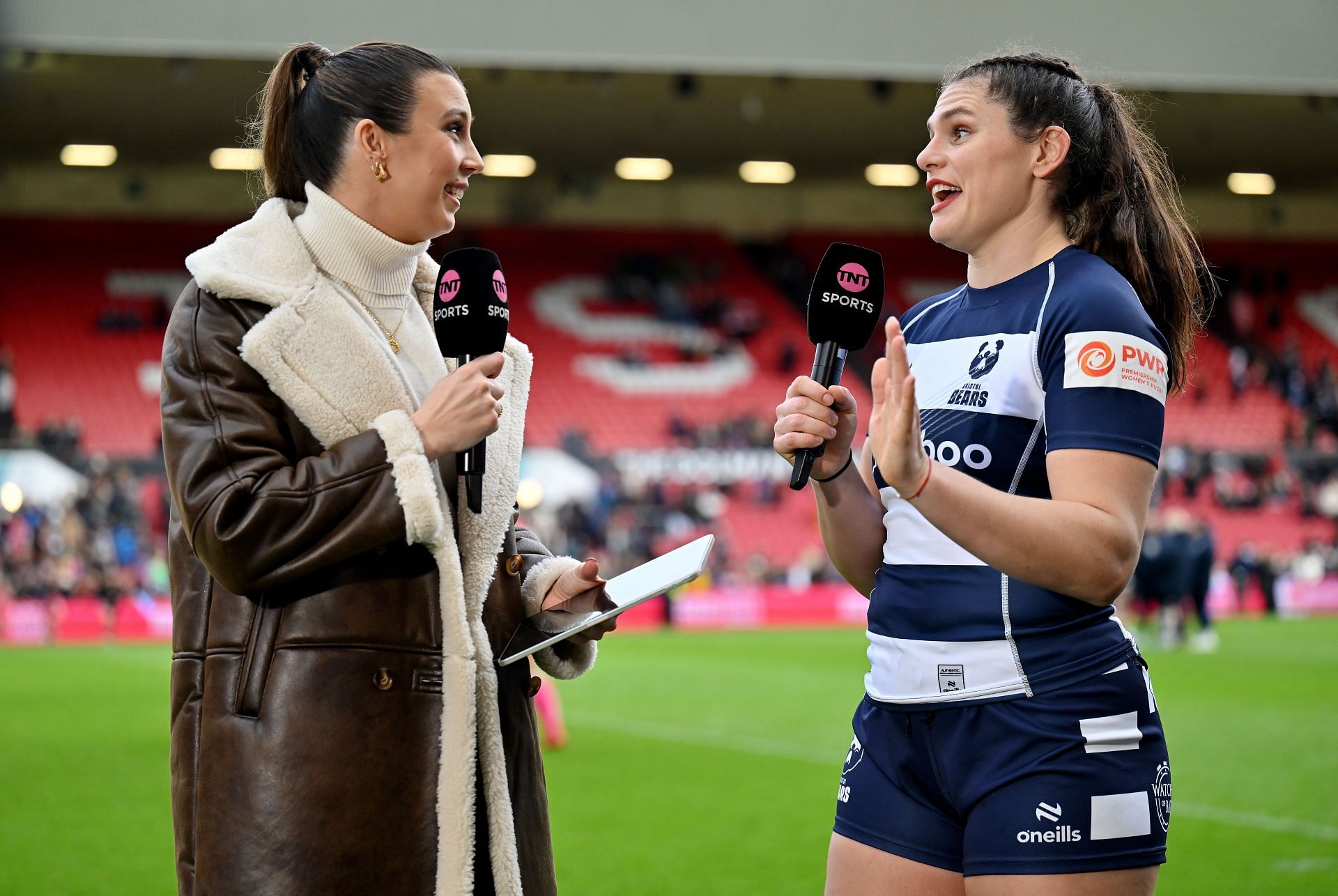 Maher during an interview with presenter Jenny Drummond (left) after her Bristol Bears debit (Image via: Getty Images)