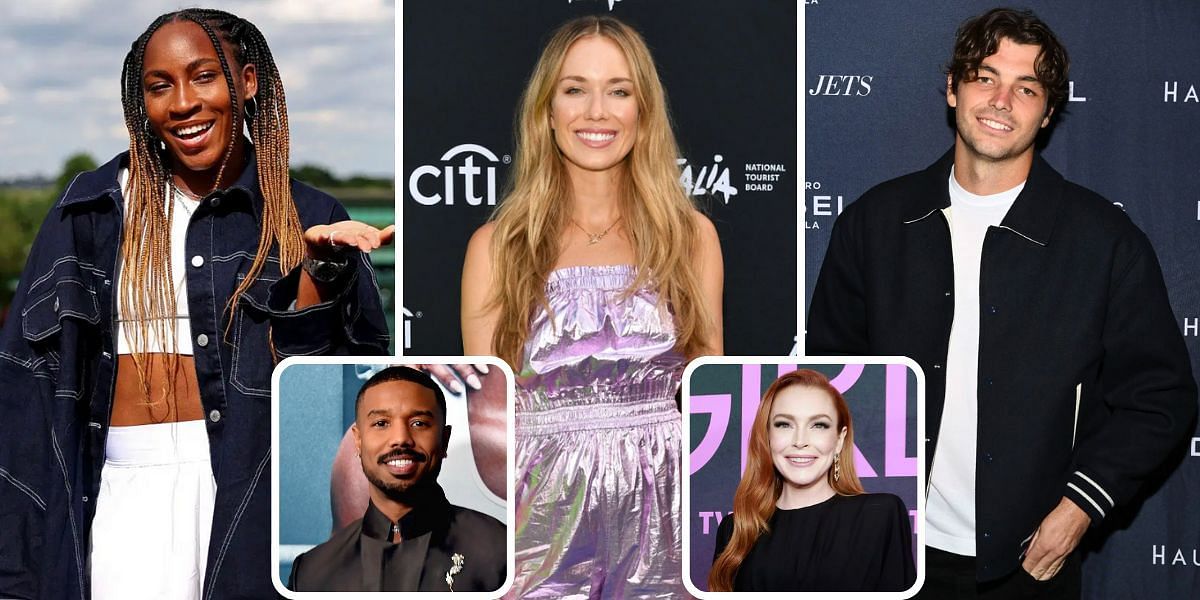 Coco Gauff (L), Danielle Collins (middle), Taylor Fritz (R); Michael B Jordan and Lindsay Lohan (inset) (Image Source: Getty)