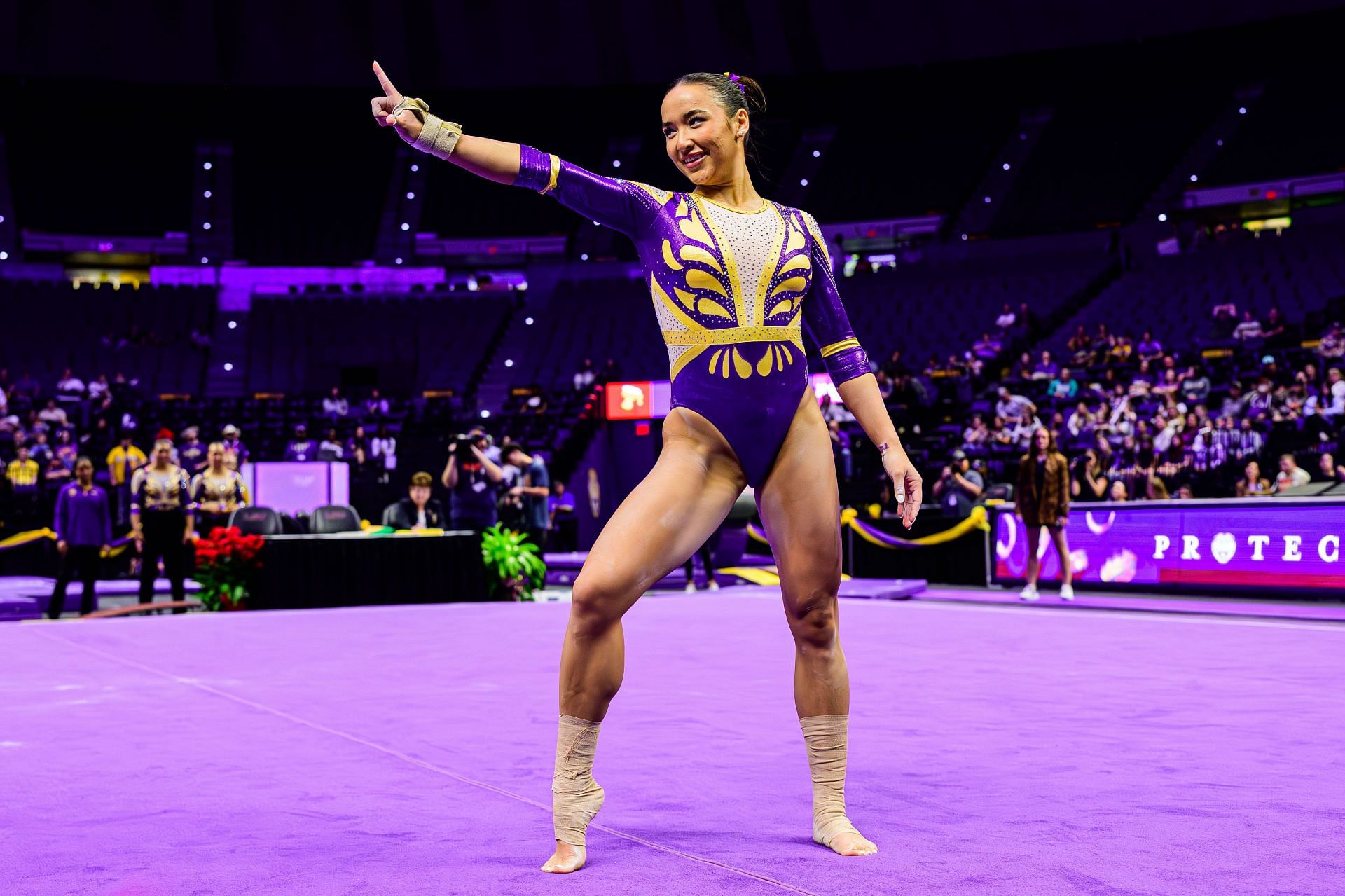 Aleah Finnegan of the LSU Tigers during The Gymnastics 101 Exhibition in Pete Maravich Assembly Center in Baton Rouge, Louisiana. (Photo via Getty Images)