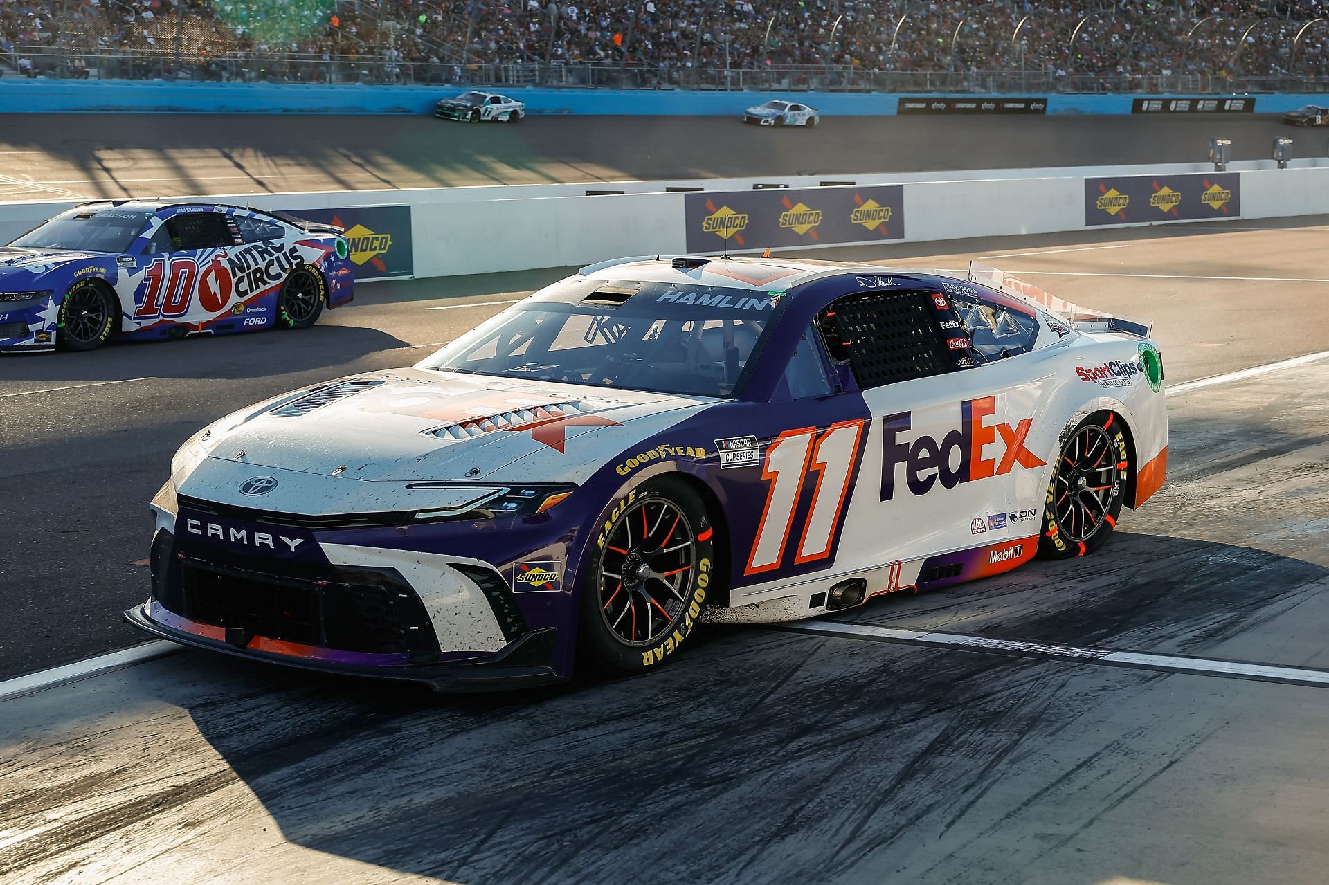 Denny Hamlin (#11 Joe Gibbs Racing FedEx Toyota) leaves the pit stall during the NASCAR Cup Series Championship Race - Source: Getty