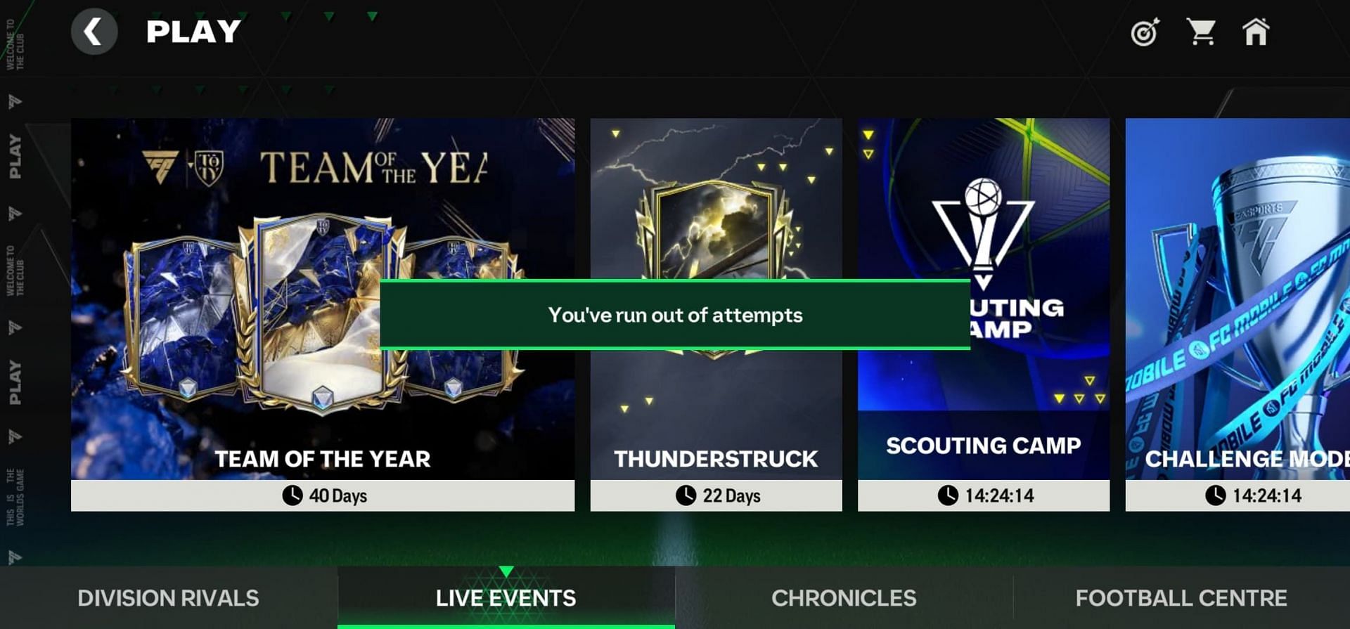 EA FC Mobile Scouting Camp cannot be accessed if a player runs out of tickets (Image via EA Sports)