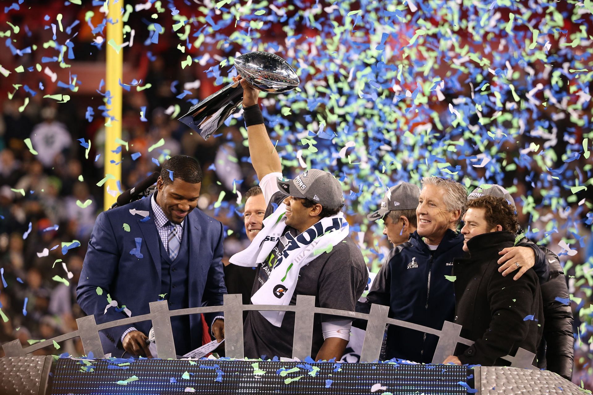 Quarterback Russell Wilson celebrates after Super Bowl XLVIII - Source: Getty