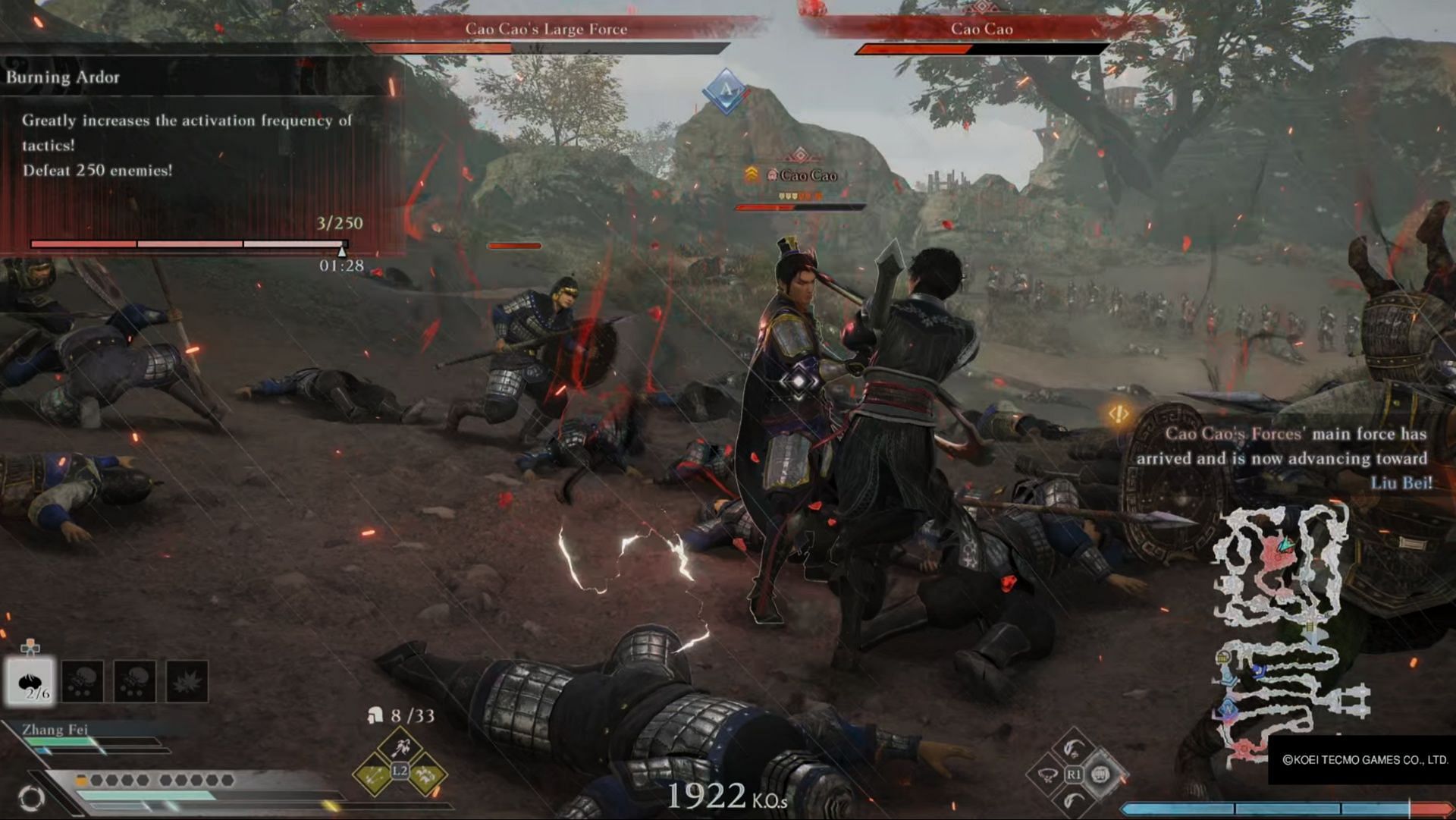 This part of the fight can be incredibly frustrating. Play safe, dodge, block, and spam those Bravery/Musou attacks. (Image via Koei Tecmo)