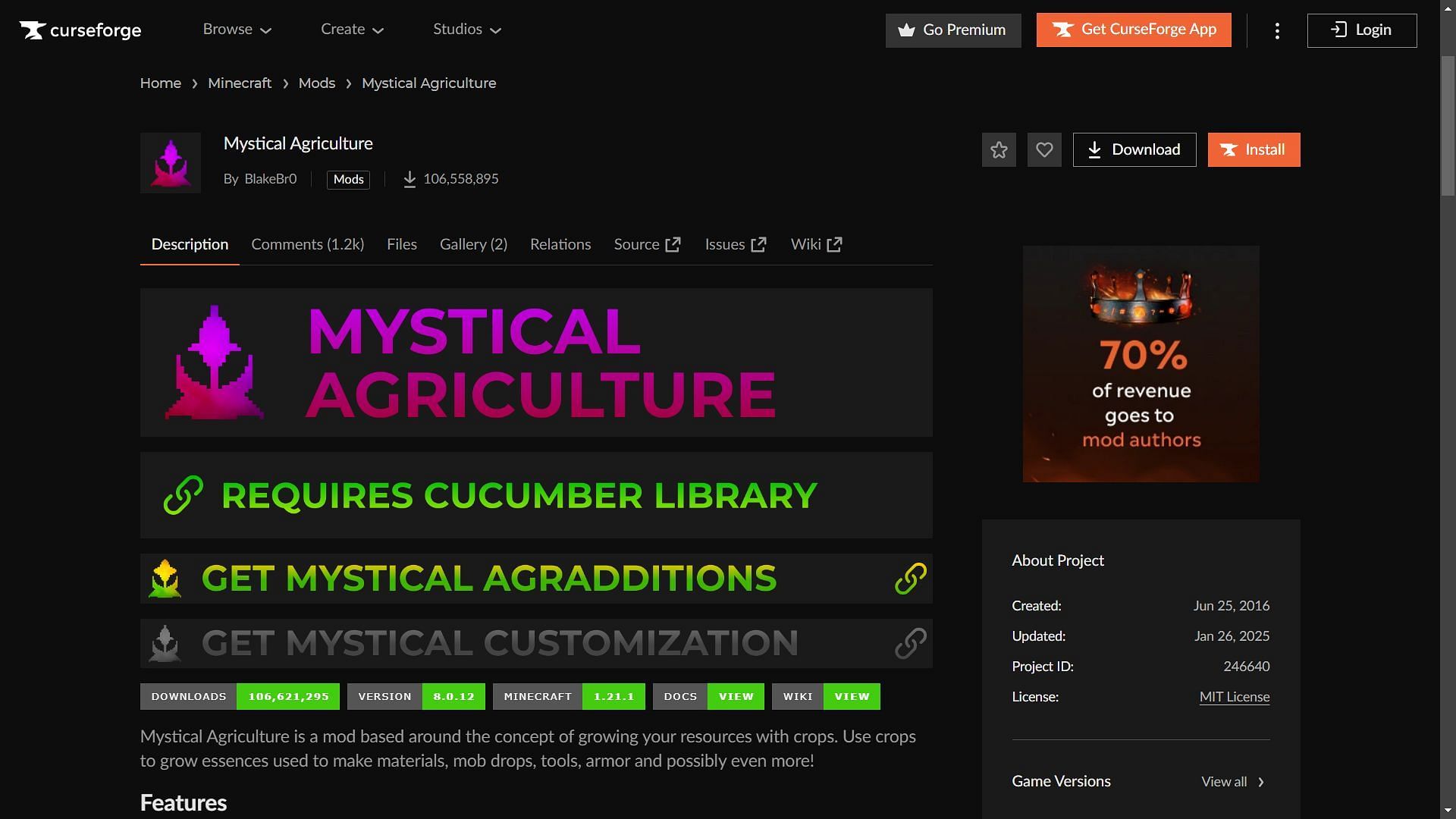 Mystical Agriculture mod can be downloaded from the CurseForge website (Image via CurseForge)