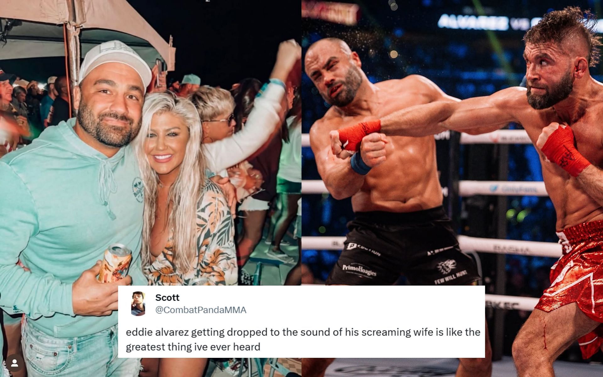 Eddie Alvarez with his wife Jamie Alvarez (left) and during his recent Knucklemania V fight against Jeremy Stephens (right). [Images courtesy: @ealvarezfight and @bareknucklefc on Instagram]