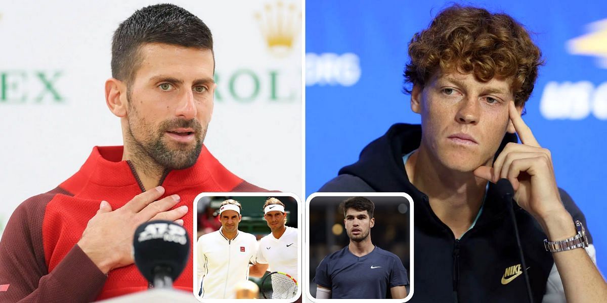 Novak Djokovic (L), Roger Federer, Rafael Nadal and Carlos Alcaraz (inset); Jannik Sinner (R) (Image Source: Getty)