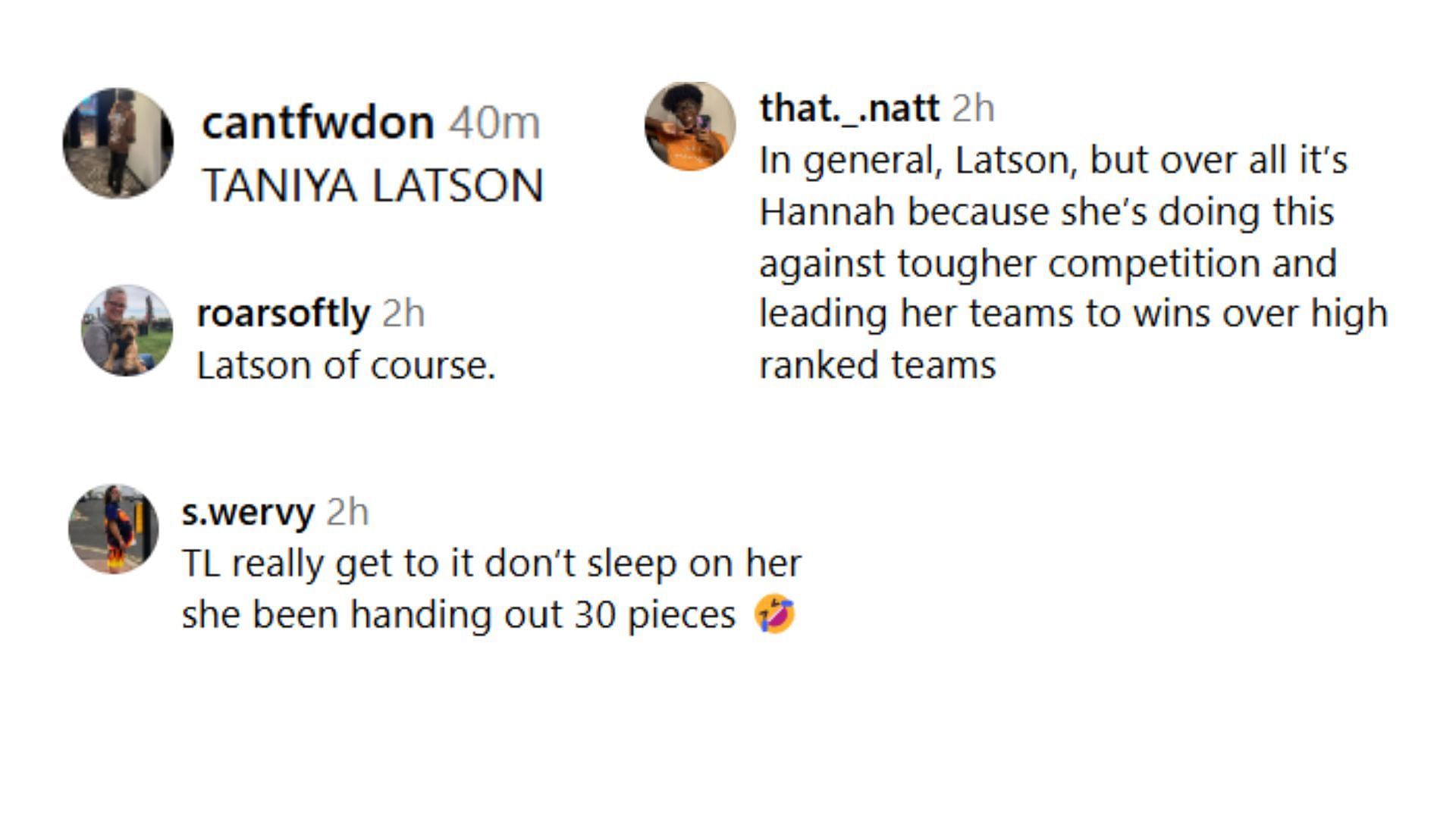 Ta&#039;Niya Latson fan reactions (Image Source: @justwomenssports/Instagram)