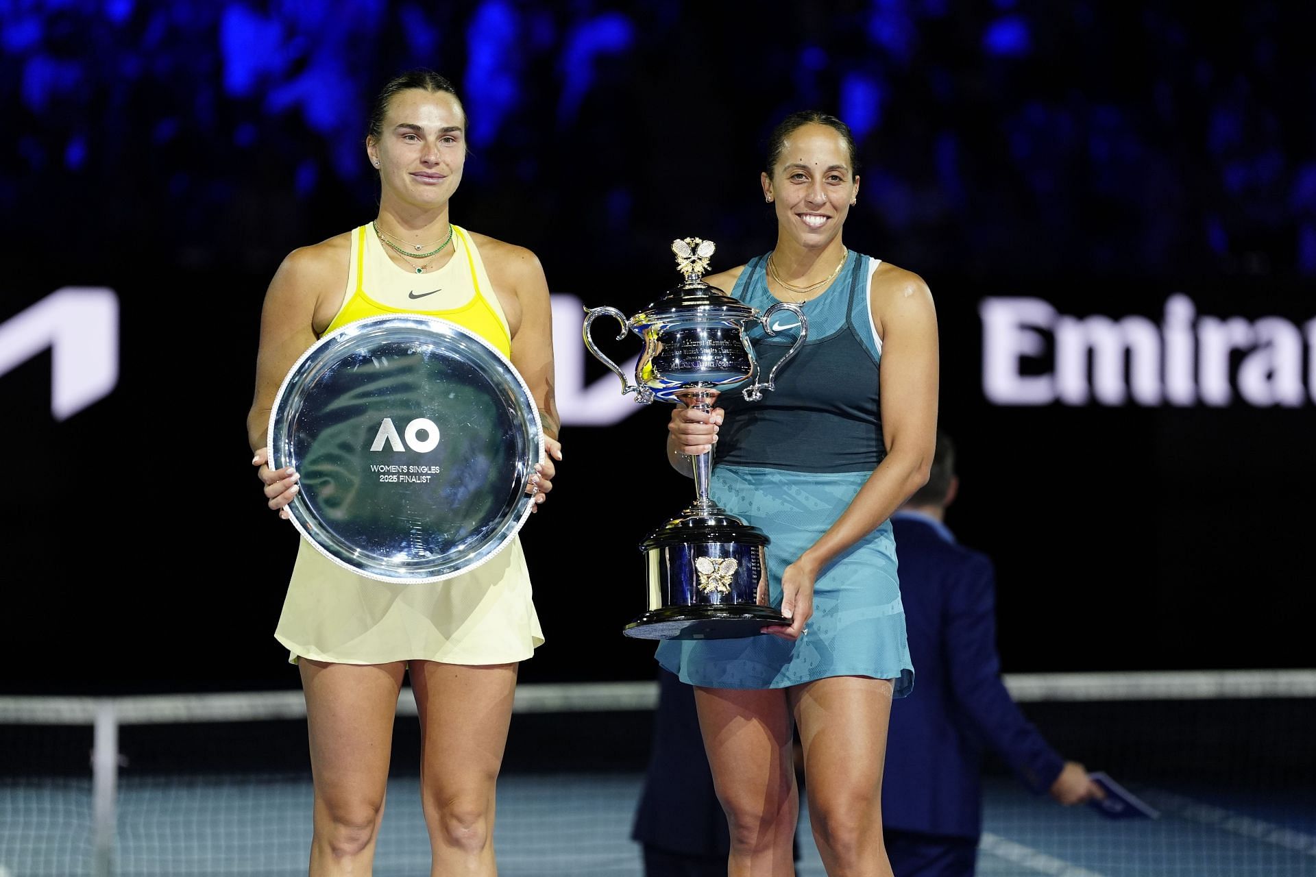 Aryna Sabalenka (L) and Madison Keys with their trophies at the 2025 Australian Open - Source: Getty