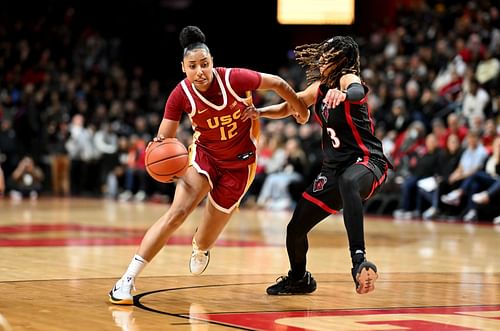 JuJu Watkins (#12) of the USC Trojans handles the ball in the second quarter against Mya Petticord (#3) of the Rutgers Scarlet Knights at Jersey Mike's Arena on January 05, 2025. Photo: Getty