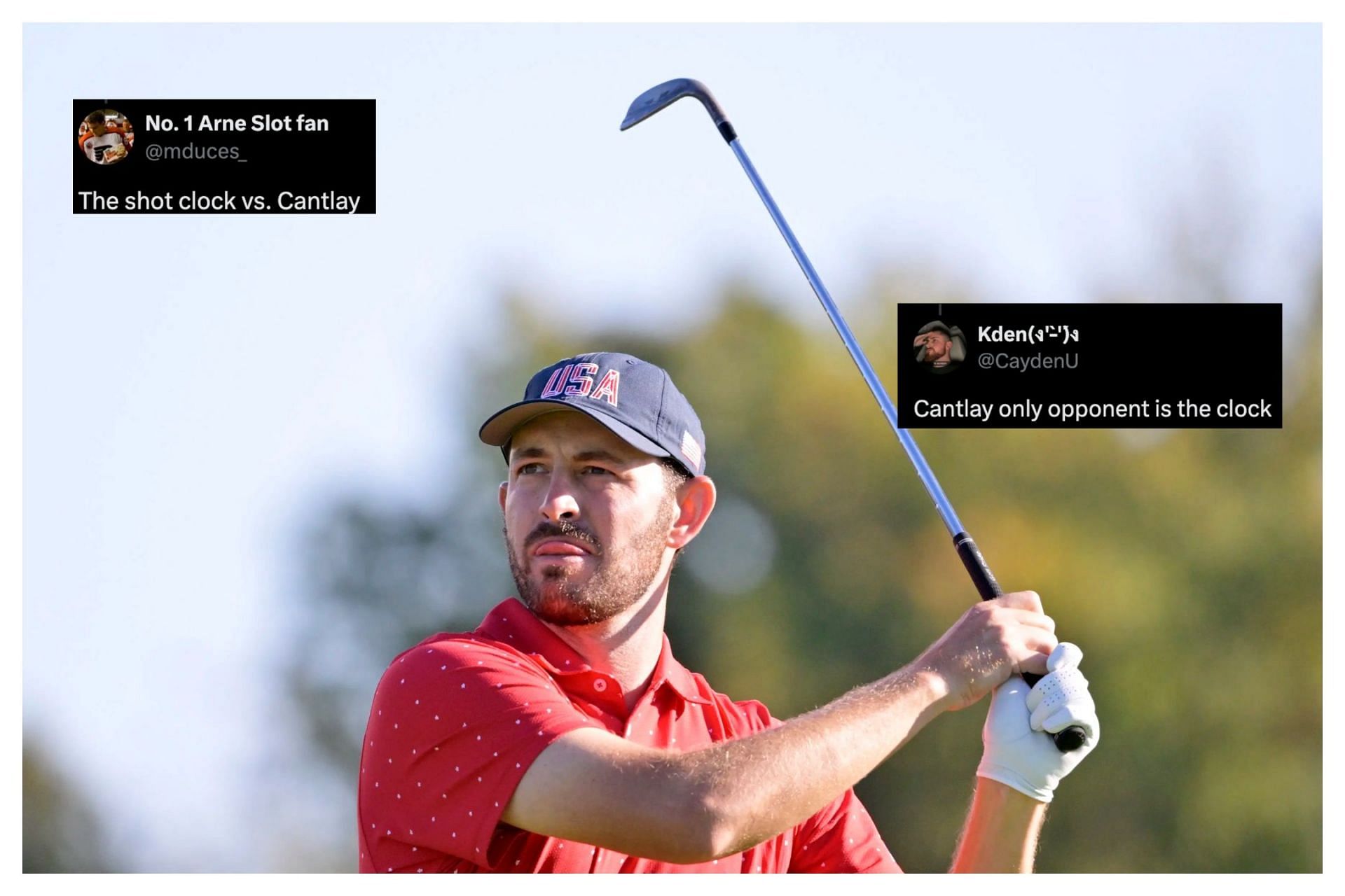 Patrick Cantlay will play his first TGL match next Tuesday (Image Source: Imagn, x@mduces_, x@CaydenU)