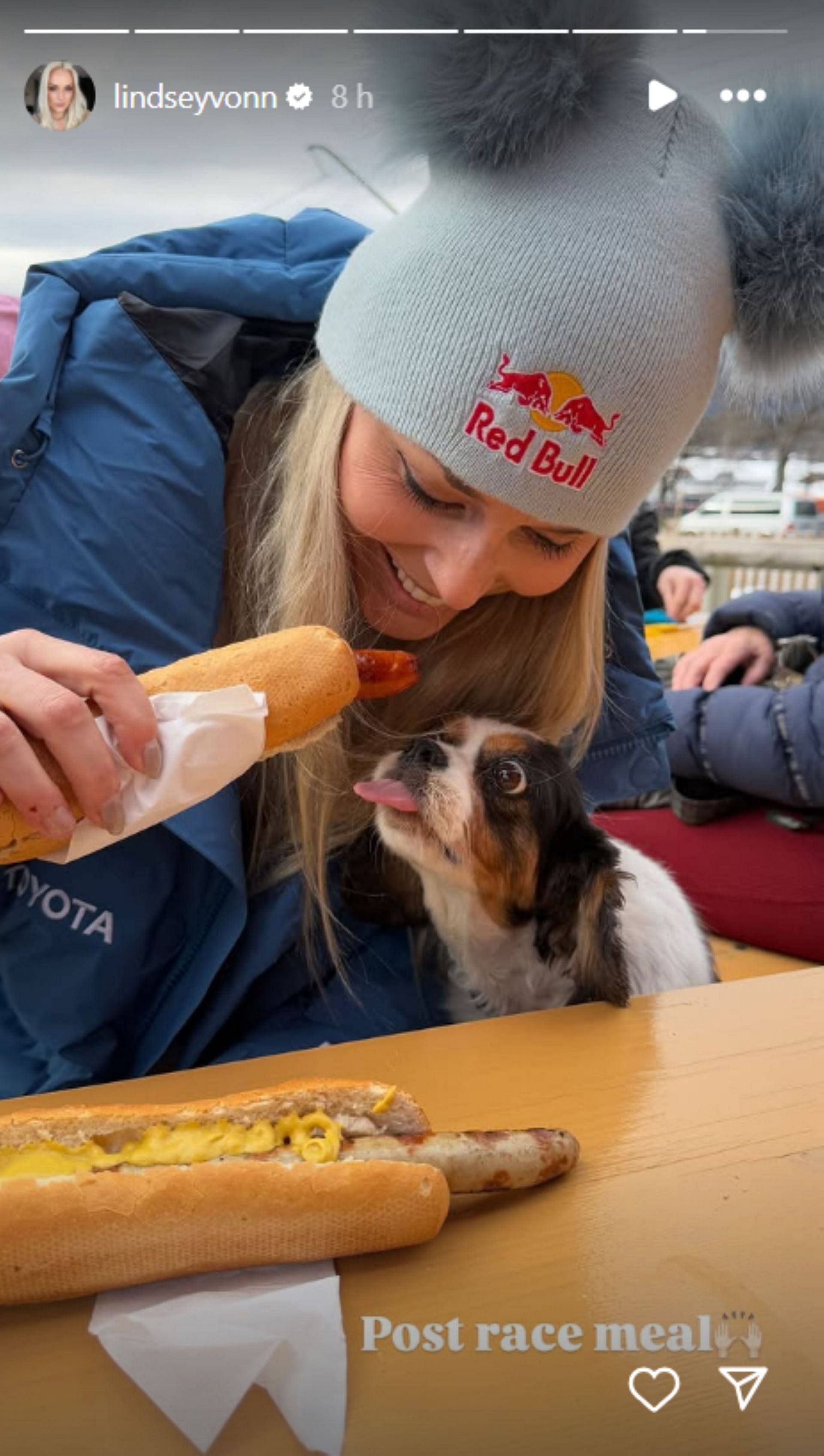 Lindsey Vonn shares the post-race meal with her dog Lucy; Instagram - @lindseyvonn