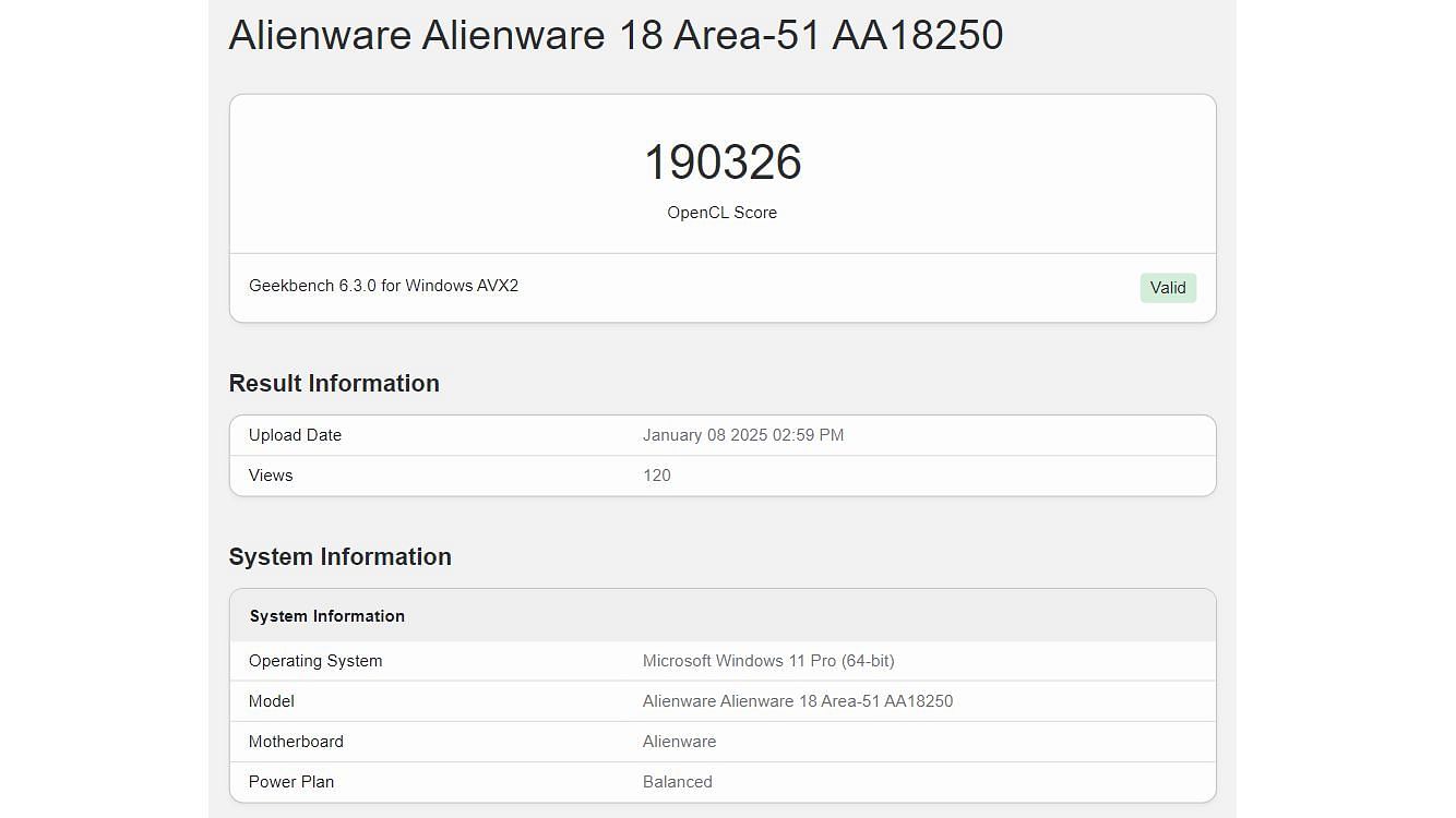 Nvidia RTX 5080 laptop GPU OpenCL 6 benchmark (Image via Geekbench)