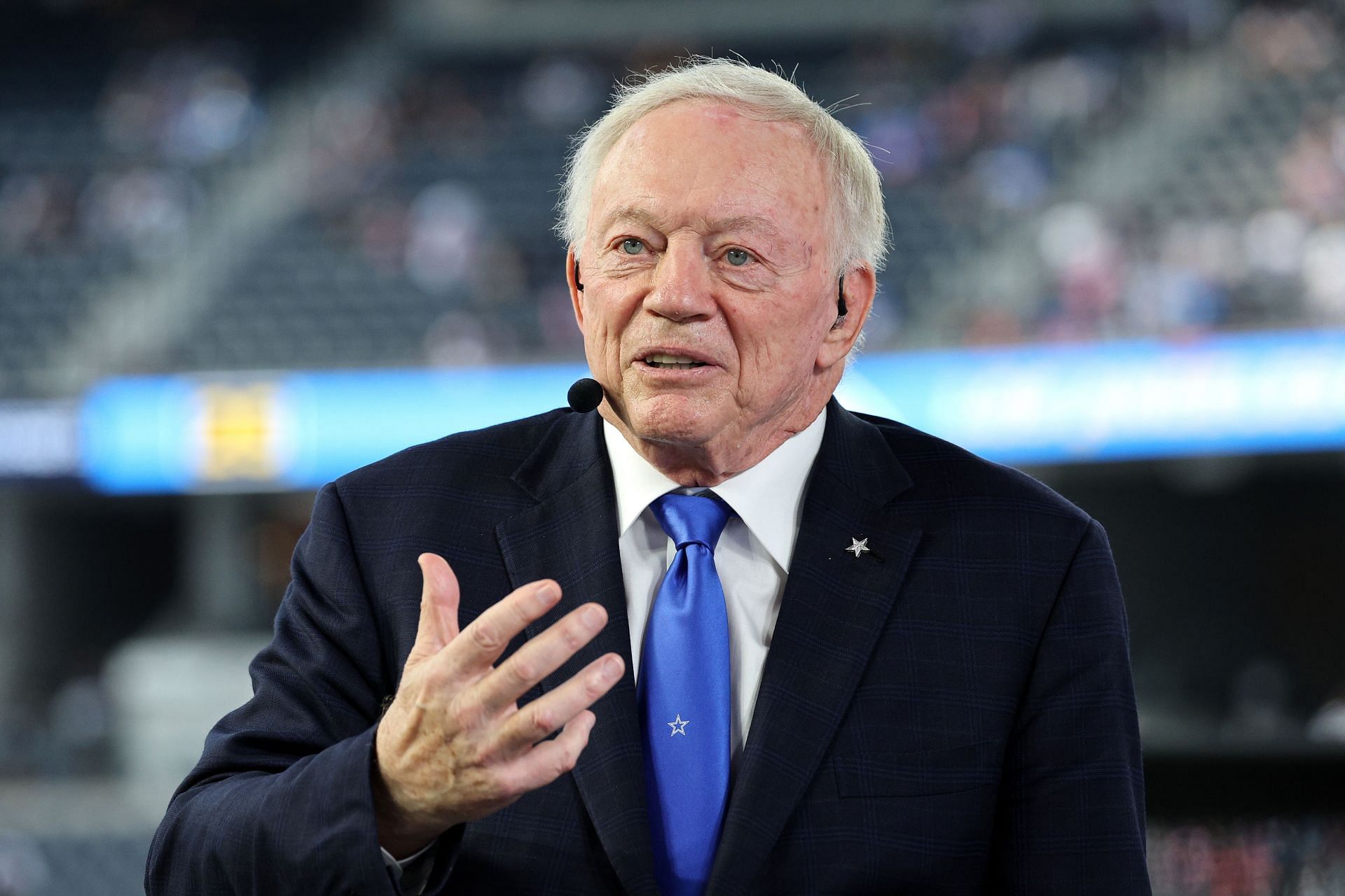 INGLEWOOD, CALIFORNIA - OCTOBER 16: Dallas Cowboys owner and general manager Jerry Jones speaks on the ESPN set before the game between the Dallas Cowboys and the Los Angeles Chargers at SoFi Stadium on October 16, 2023 in Inglewood, California. (Photo by Kevork Djansezian/Getty Images) - Source: Getty