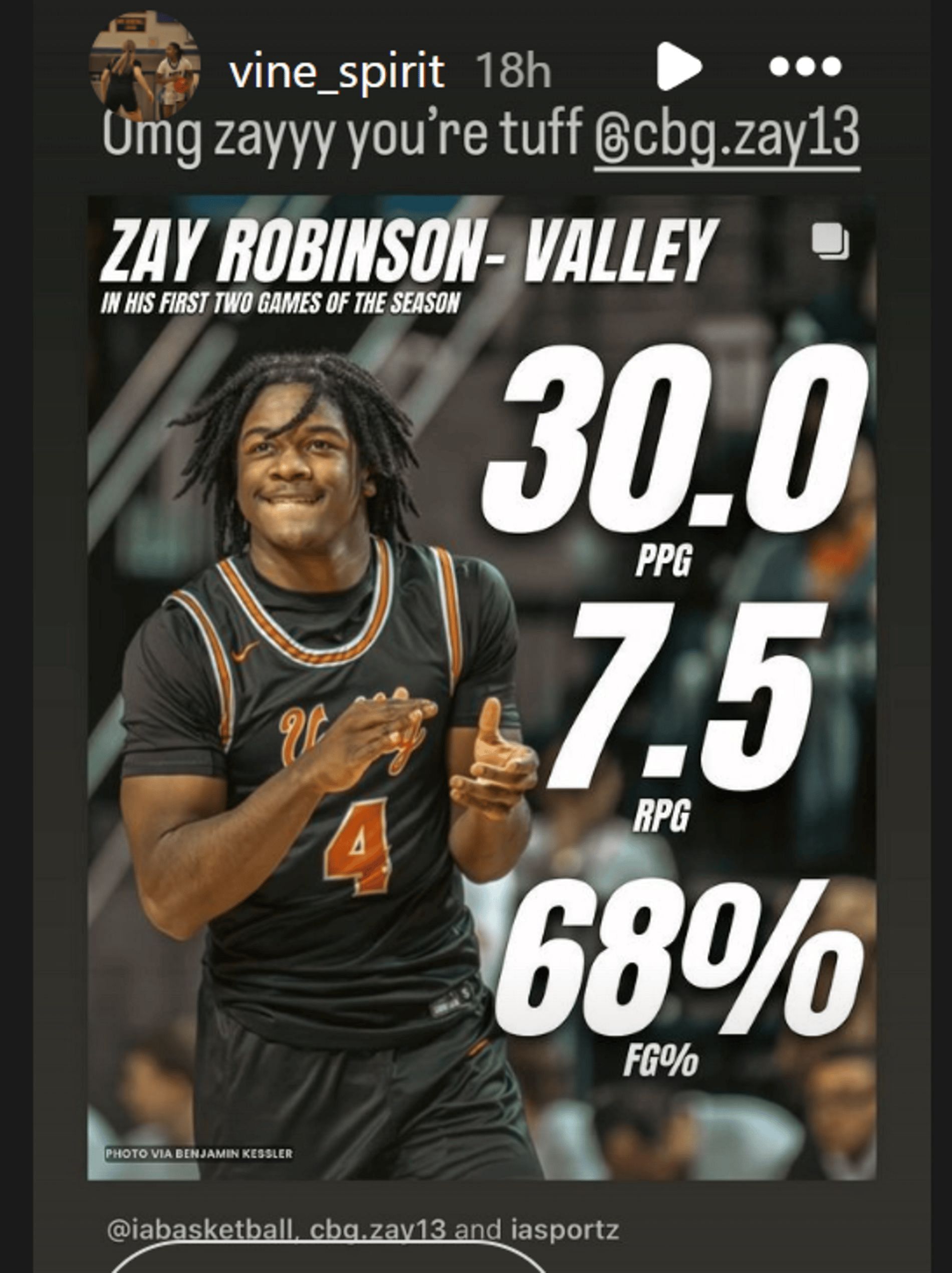 Divine Bourrage shares Zay Robinson&#039;s two-game stats on her Instagram Stories (Source: Instagram/ vine_spirit)