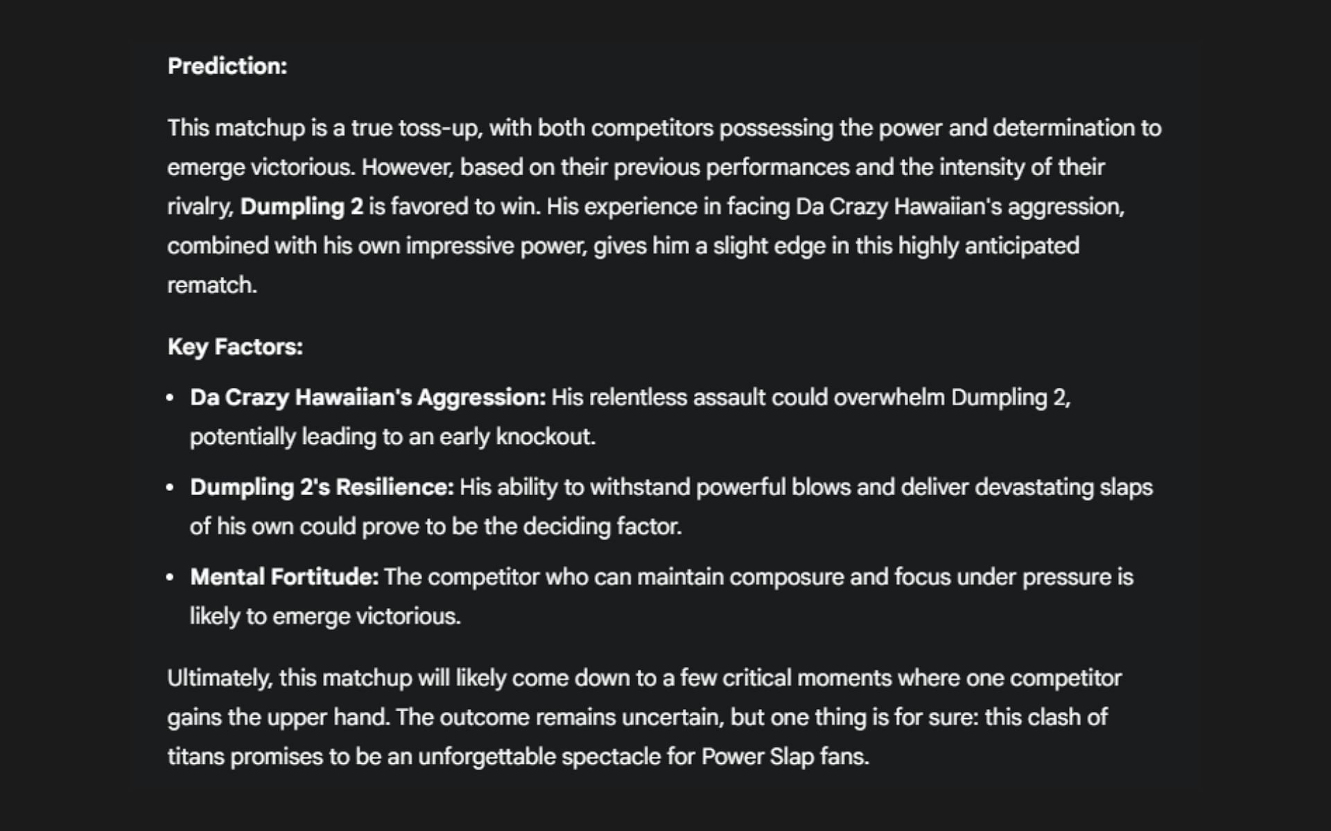 Screenshot of Google&#039;s AI prediction for Da Crazy Hawaiian vs. Dumpling rematch at Power Slap 11