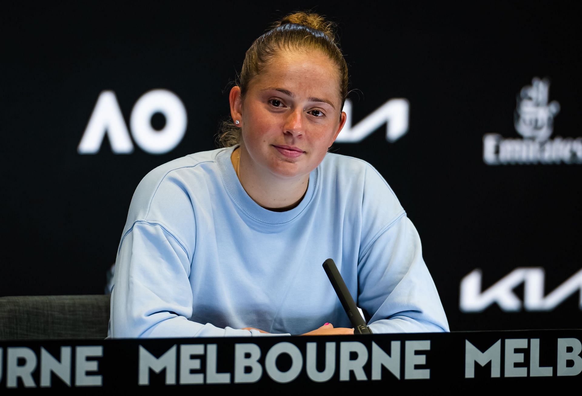 Jelena Ostapenko speaking at a press conference [Image Source: Getty Images]