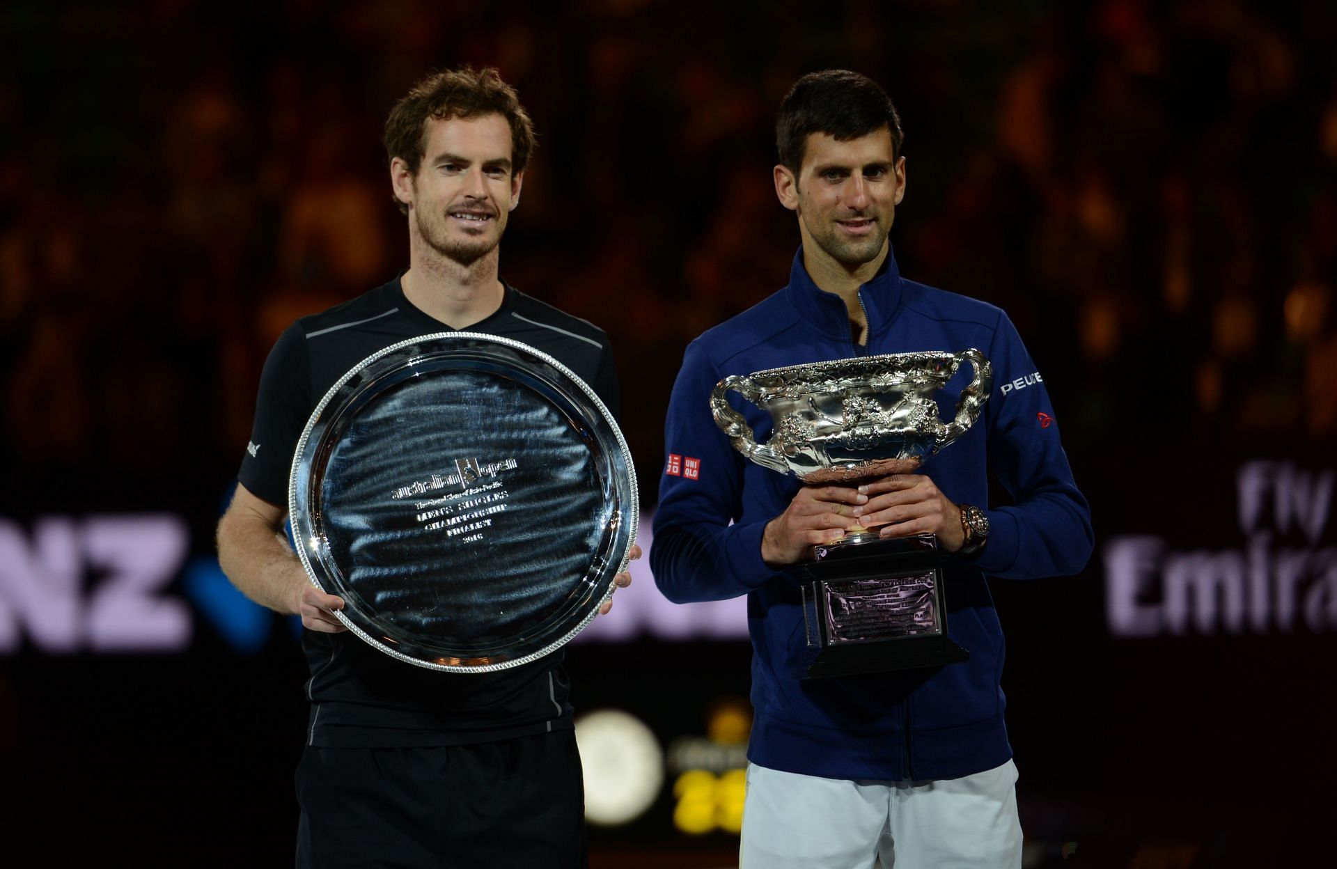 Andy Murray and Novak Djokovic pose during Australian Open 2016 trophy ceremony