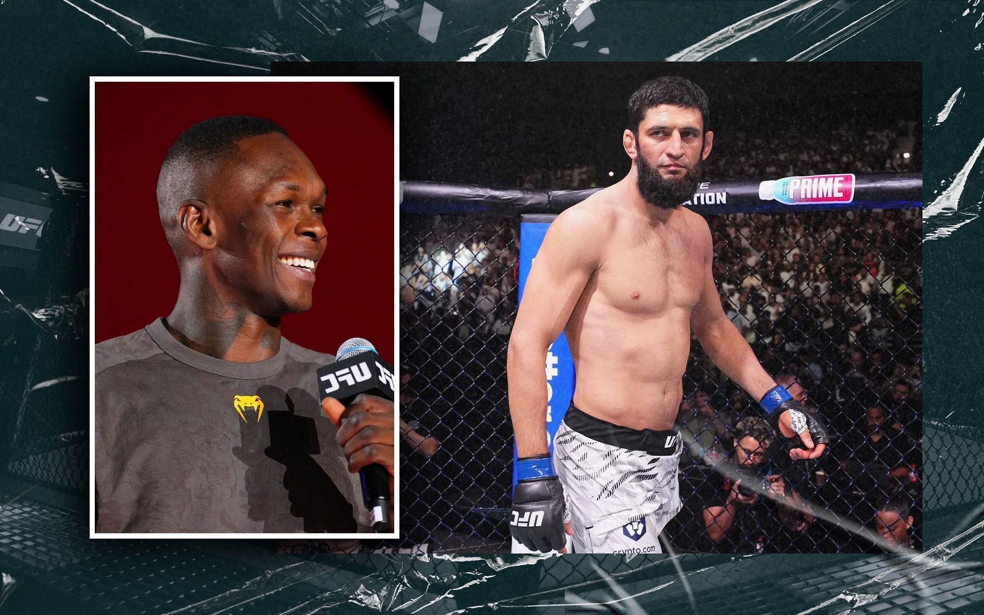 Israel Adesanya (inset) weighs in on Khamzat Chimaev (right). [Images courtesy: Getty Images]