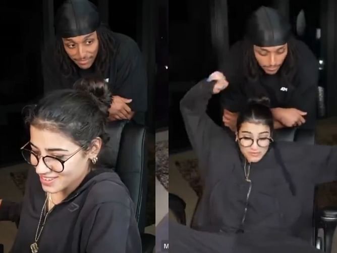 Fitness influencer Sara Saffari supposedly injures her elbow after AMP Agent 00 accidentally makes her chair fall