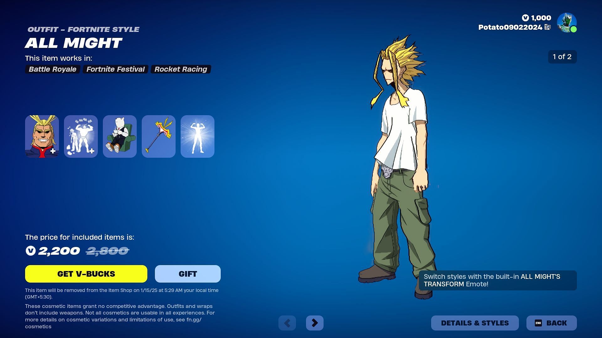 All Might will remain listed until January 15, 2025 (Image via Epic Games)