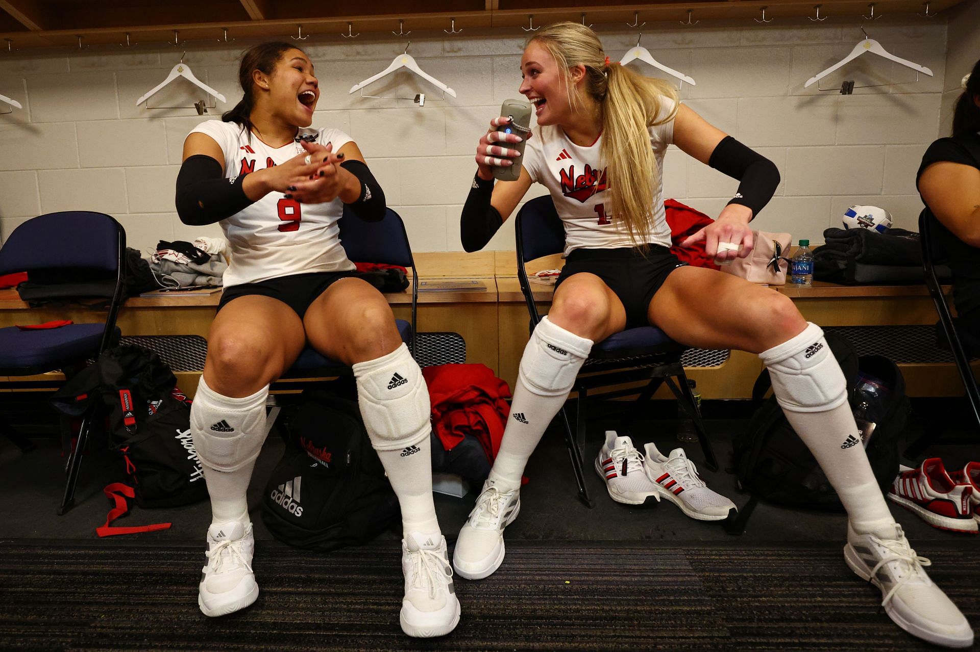 Orr (jersey no 9) with her teammate Ally Barnhorst in the locker room after defeating Pittsburgh Panthers during the 2023 NCAA Championships (Image via: Getty Images)