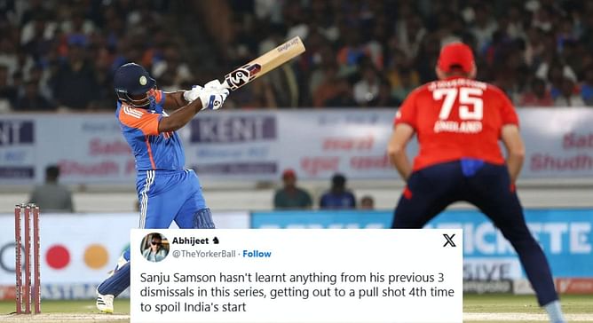 "Hasn't learned anything from his previous 3 dismissals" - Fans fume after Sanju Samson departs cheaply again in IND vs ENG 2025 4th T20I