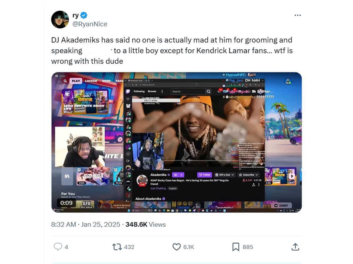 X user RyanNice&#039;s tweet on DJ Akademiks&#039; deflecting statement (Image via X/ @RyanNice)