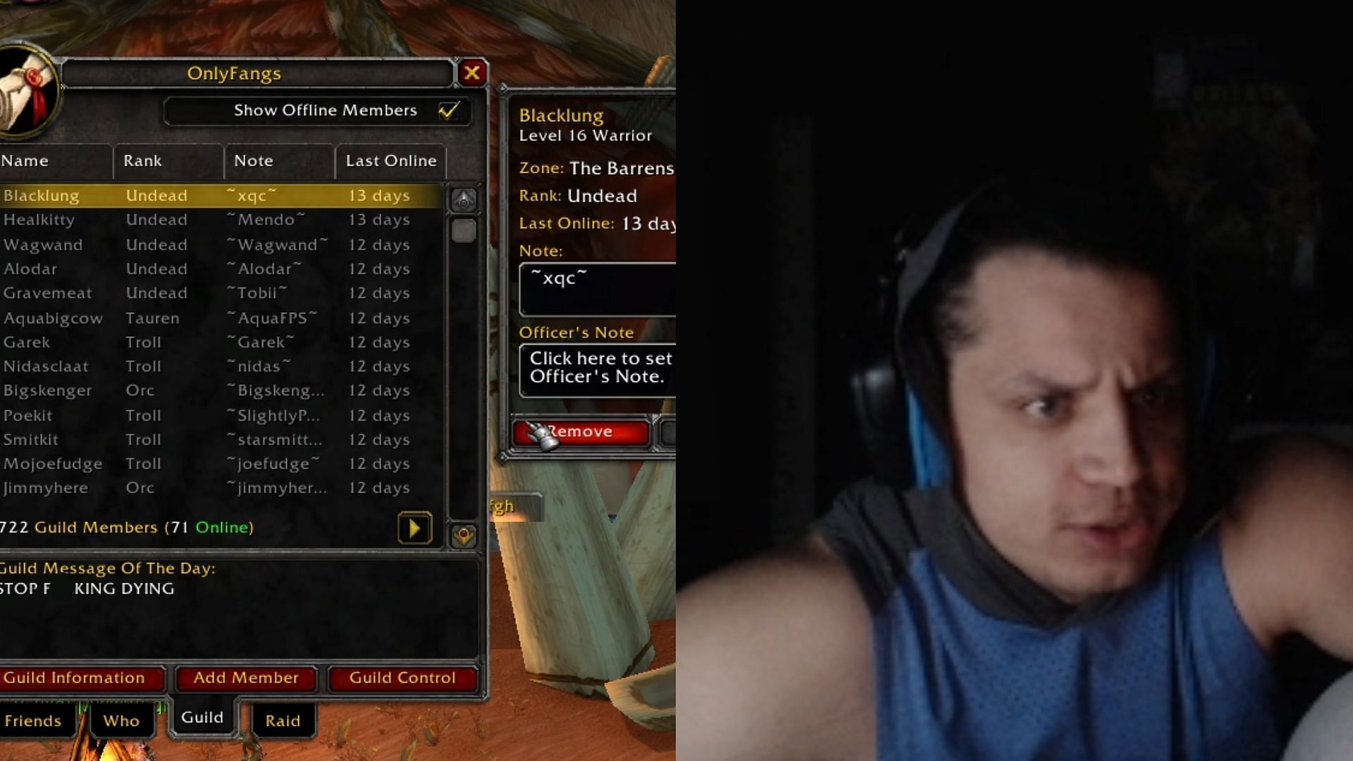 Tyler1 removed xQc and nmplol from the OnlyFangs WoW guild (Image via loltyler1/Twitch)