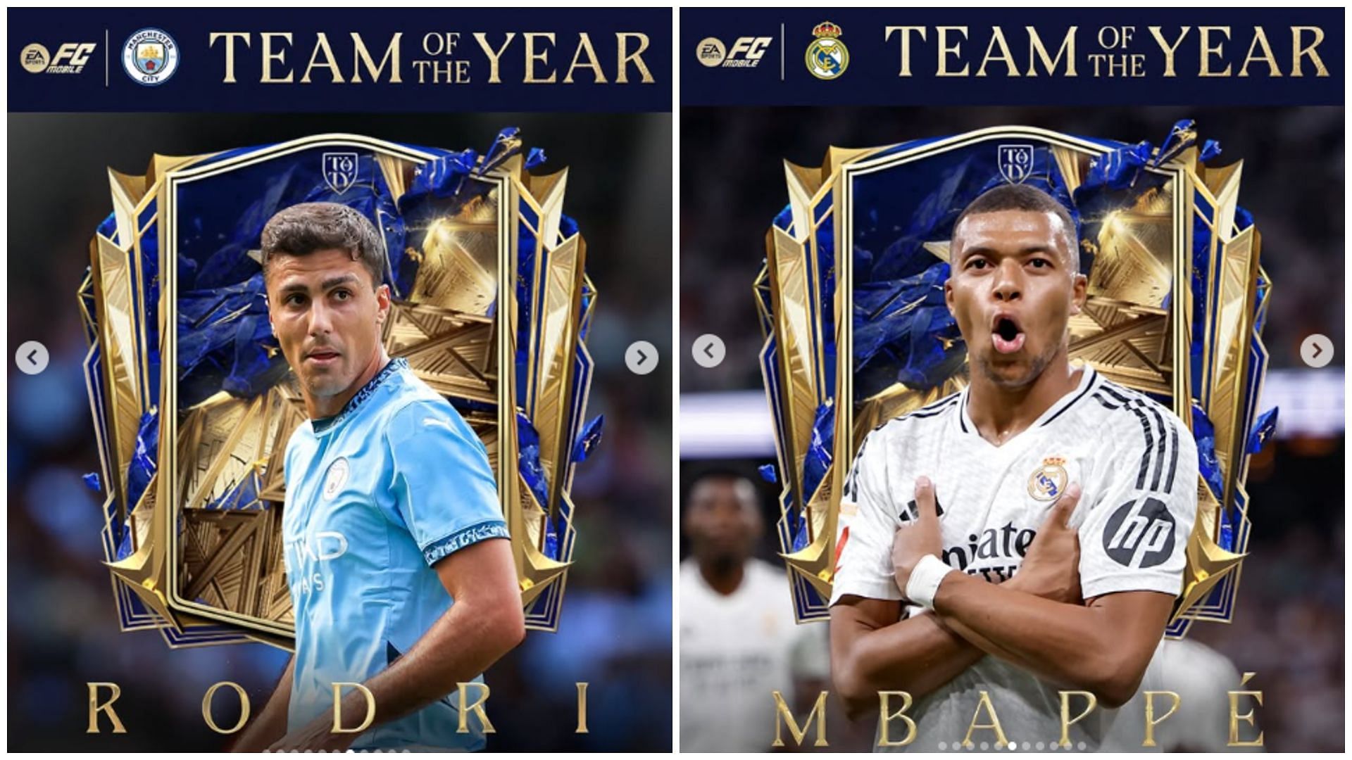 Multiple Ultimate TOTY Cards including Mbappe and Rodri are likely to be included in the Team of the Year Nominee B list (Images via EA Sports)