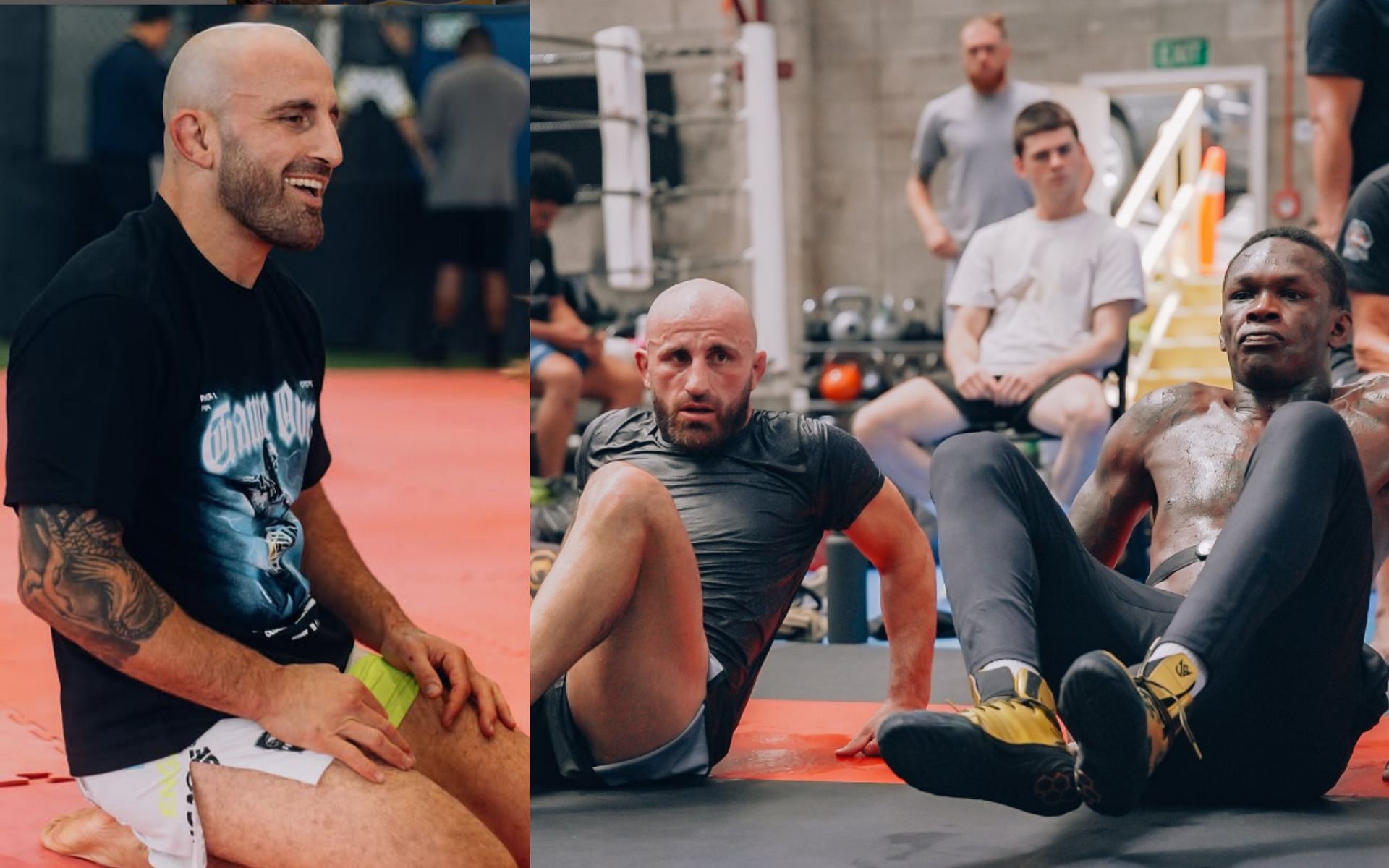 Alexander Volkanovski (left) links up with Israel Adesanya (far right) at City Kickboxing as he teases incoming fight news [Images courtesy: @alexvolkanovski on Instagram]