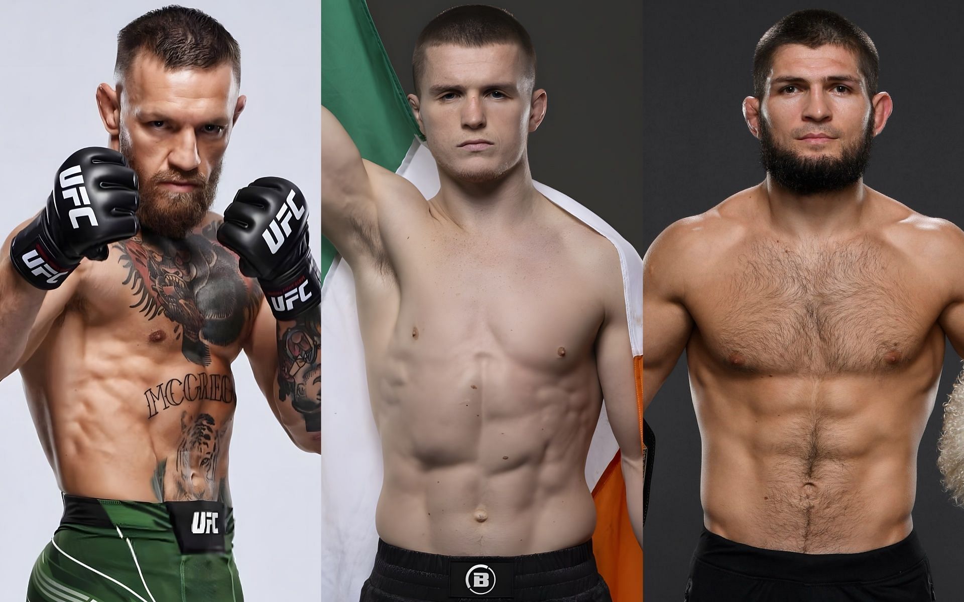 Conor McGregor (left) lashes out at Paul Hughes (center) over Khabib Nurmagomedov (right) on deleted X tirade [Image Courtesy: @TheNotoriousMMA via X/Twitter, @BellatorMMA via X/Twitter, and @UFC_Asia via X/Twitter]