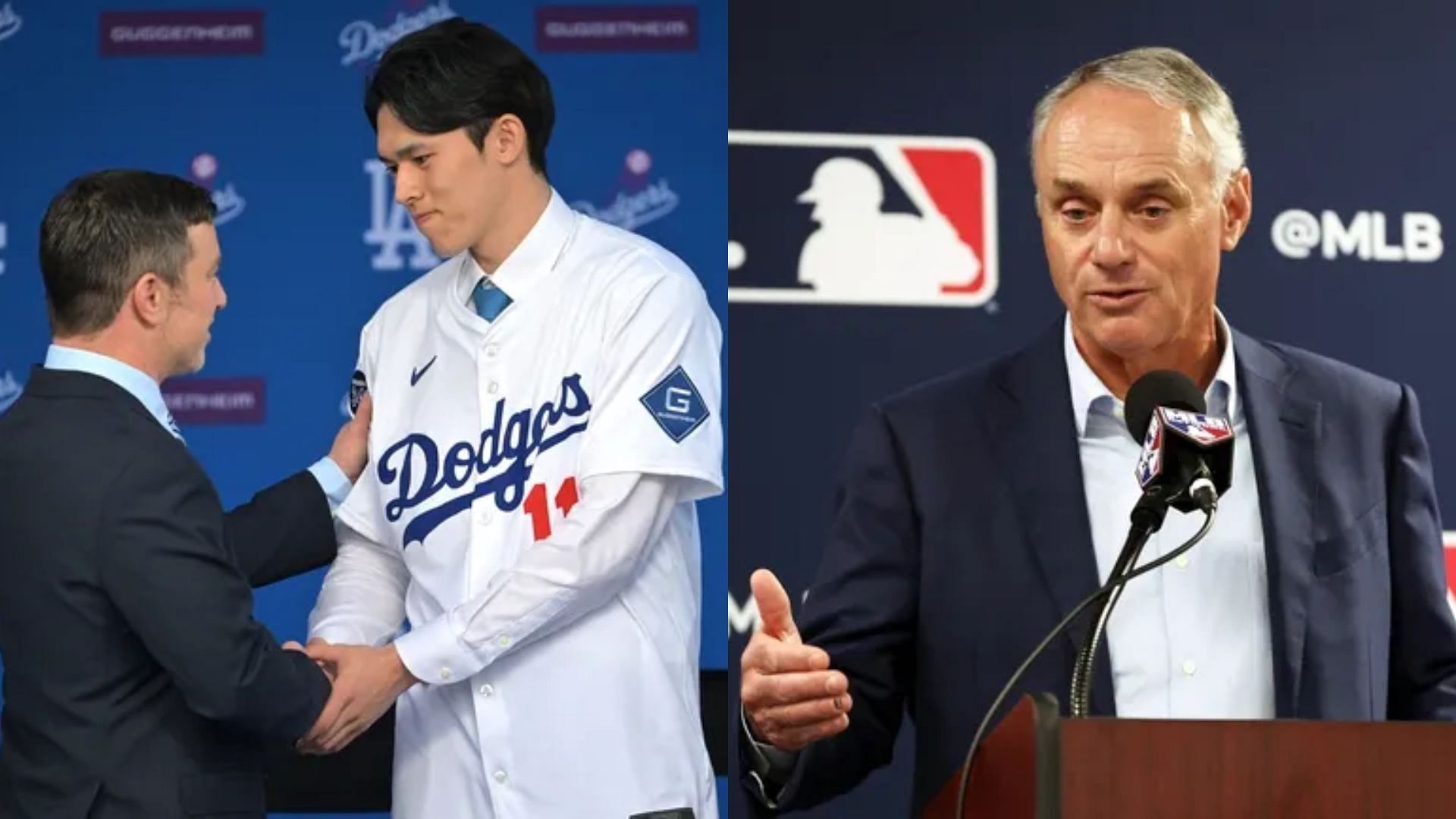 Los Angeles Dodgers President of Baseball Ops Andrew Friedman, Pitcher Roki Sasaki, &amp; MLB Commissioner Rob Manfred 