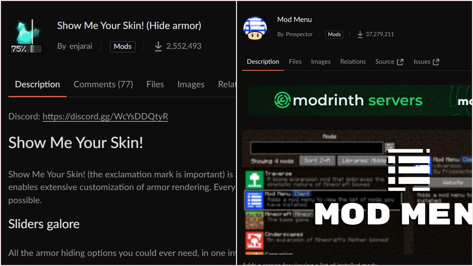 The Show Me Your Skin mod also needs Mod Menu to work properly (Image via CurseForge)