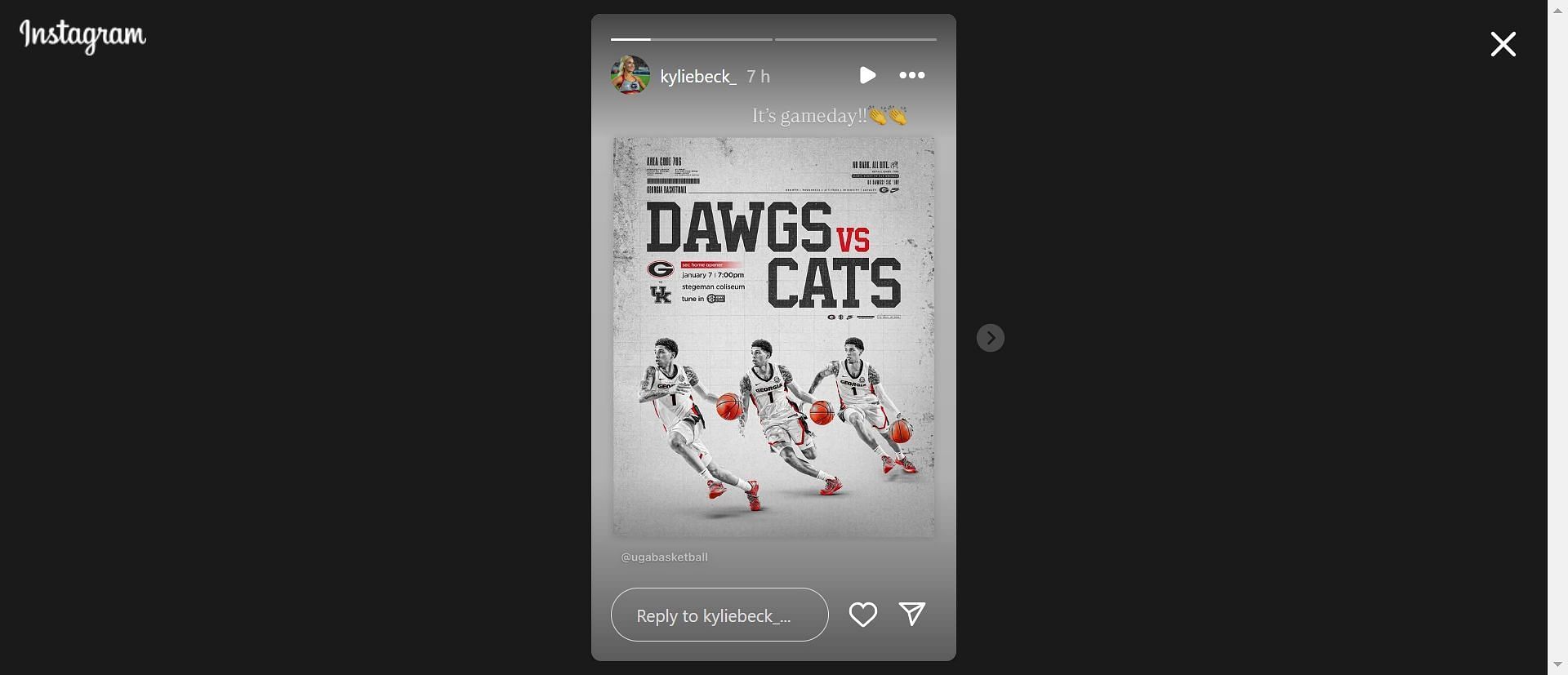 Kylie Beck was excited for Georgia Bulldogs&#039; men&#039;s basketball showdown with Kentucky on January 7. (Source: https://www.instagram.com/stories/kyliebeck_/3540376182375087564/?igsh=MTM5Y3cwaXhrdzloNA%3D%3D)