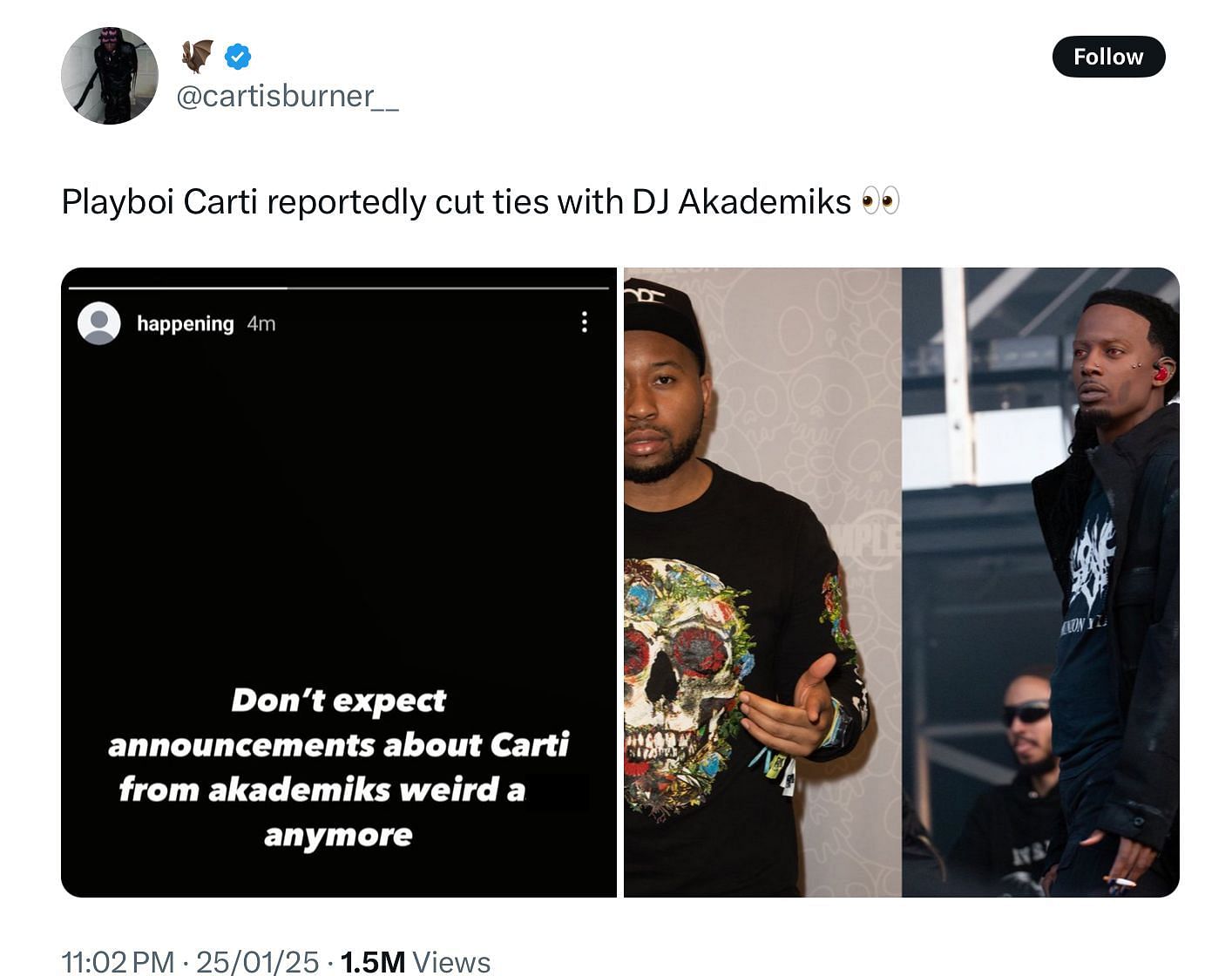 Carti&#039;s affiliate&#039;s tweet about DJ Akademiks (Image via X/@@cartisburner__)