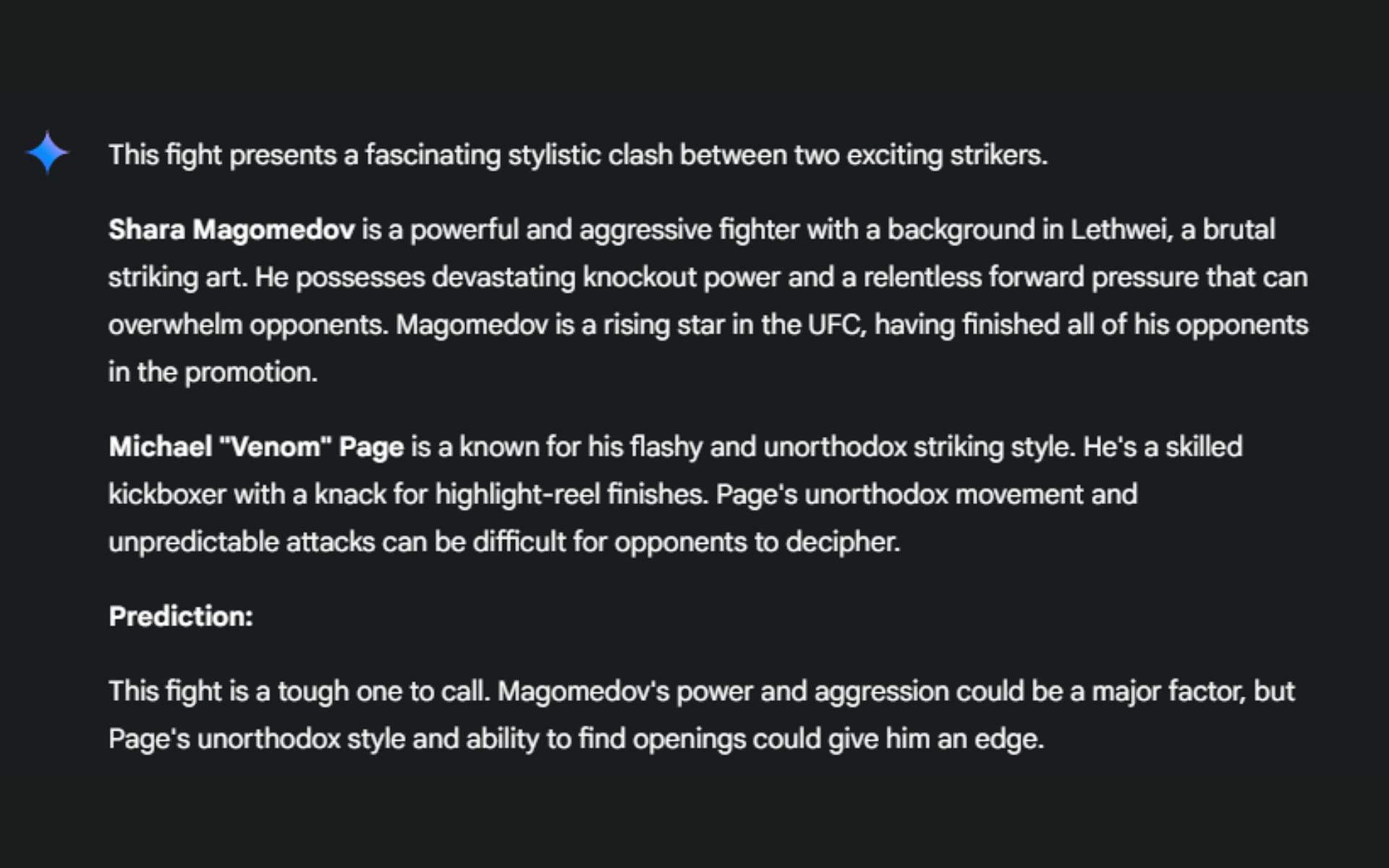 Screenshot of Google&#039;s AI prediction for Shara Magomedov vs. Michael &#039;Venom&#039; Page, which will co-headline UFC Saudi Arabia