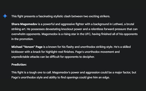 Screenshot of Google's AI prediction for Shara Magomedov vs. Michael 'Venom' Page, which will co-headline UFC Saudi Arabia