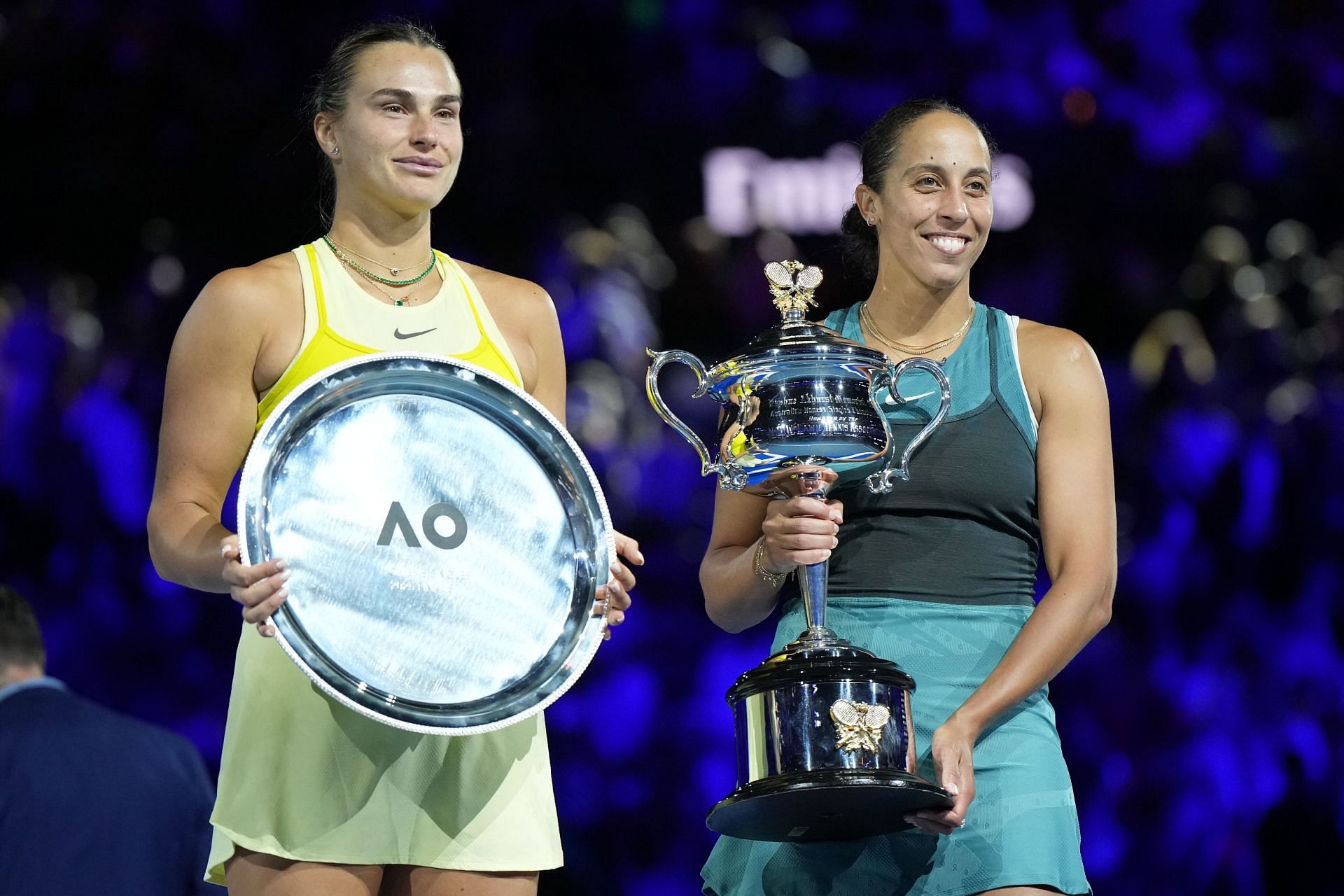 Aryna Sabalenka and Madison Keys with their respective trophies (Image Source: Getty)