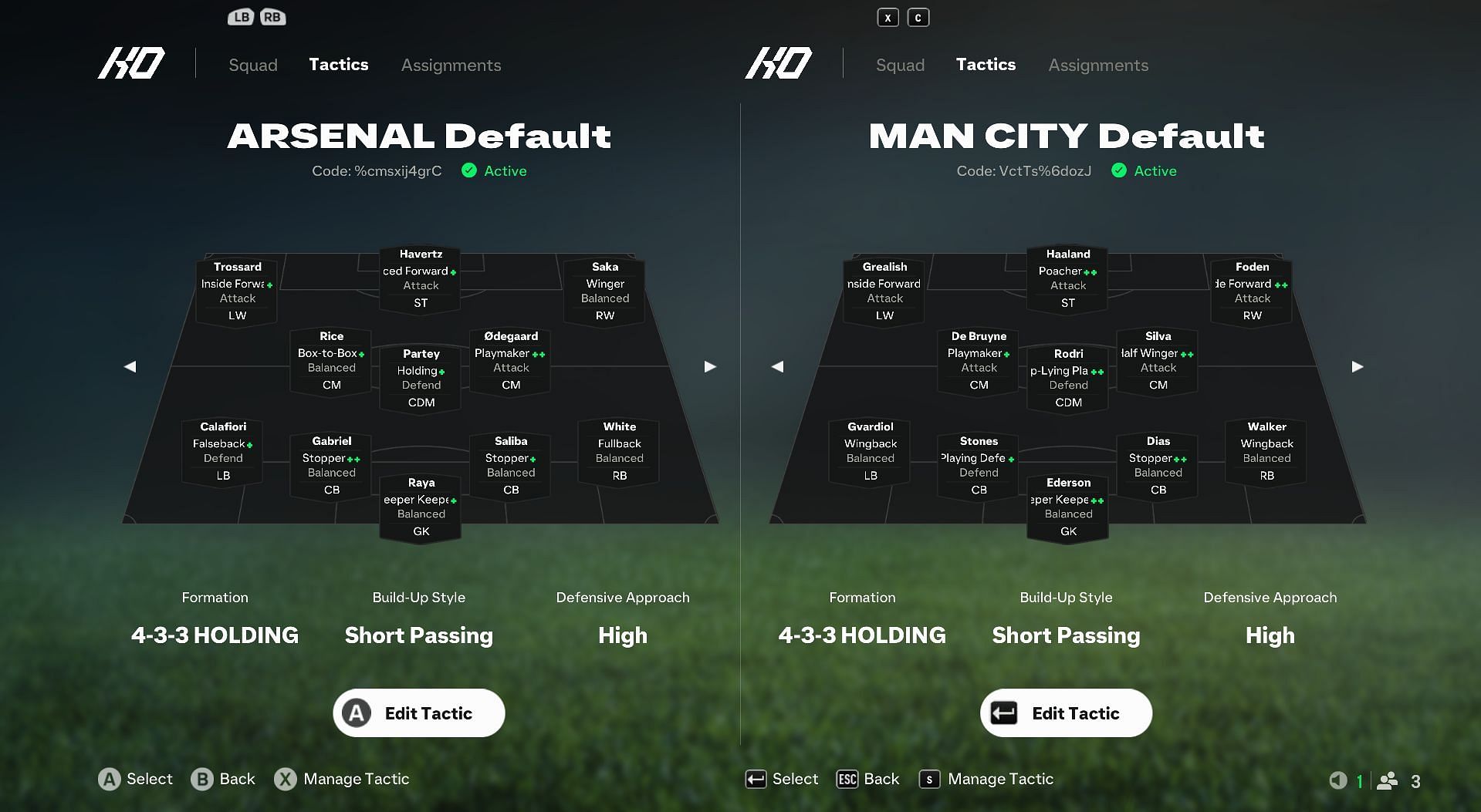 Arsenal and Man City&#039;s default tactics in-game (Image via EA Sports)