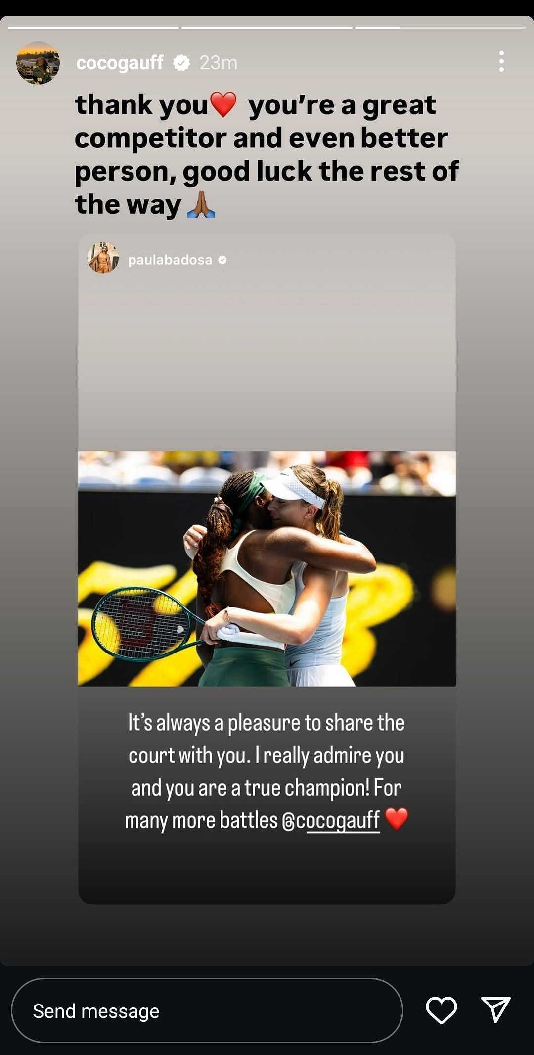 Snapshot of Coco Gauff&#039;s Instagram story. Source: Instagram @cocogauff