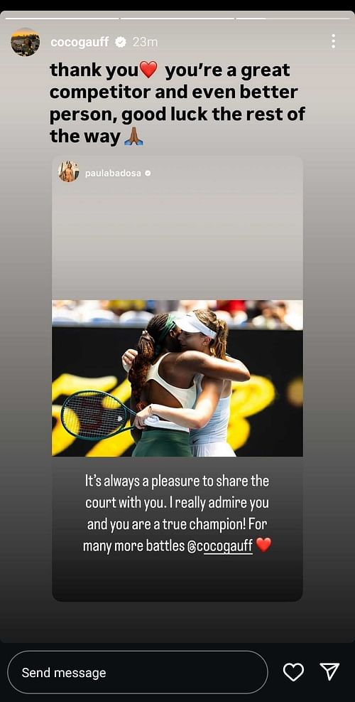 Snapshot of Coco Gauff's Instagram story. Source: Instagram @cocogauff