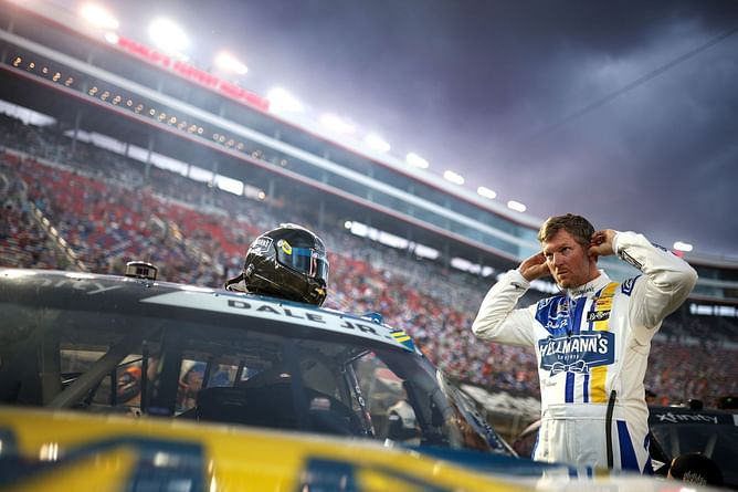 Dale Earnhardt Jr. jokingly reacts as NASCAR historian inquires about iconic Dale Sr. racecar spoiler