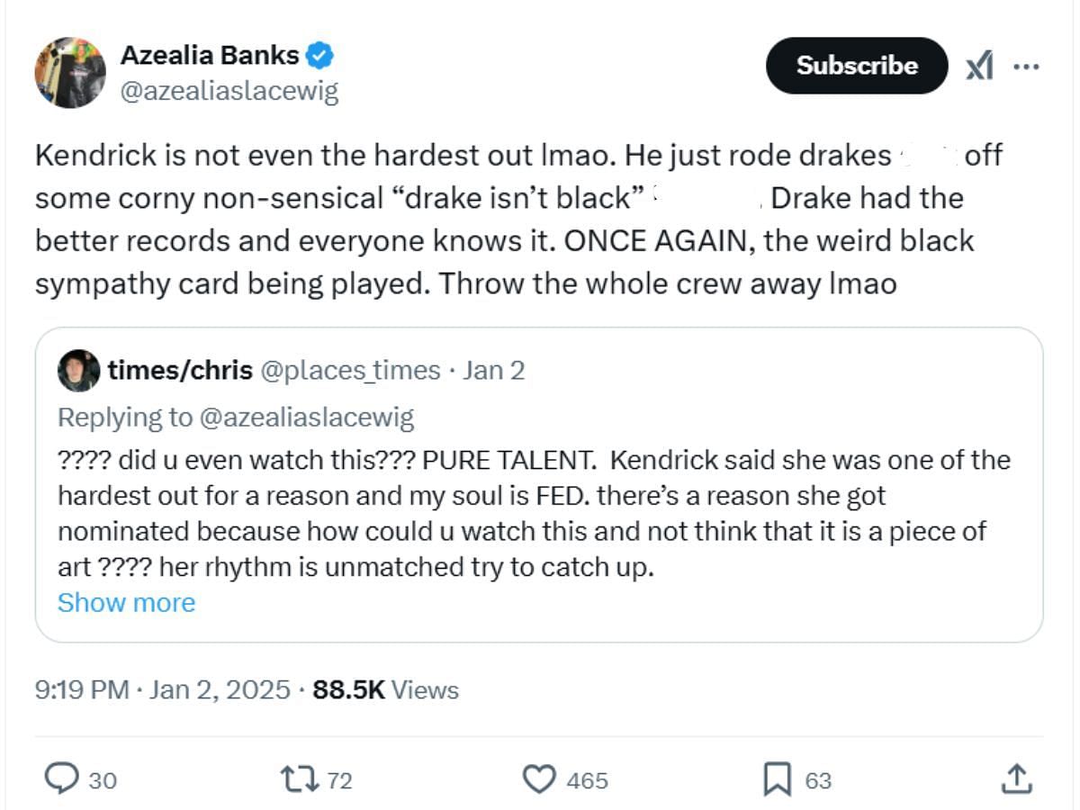 Azealia Banks&#039; tweet(Image via X/ @azealiaslacewig)